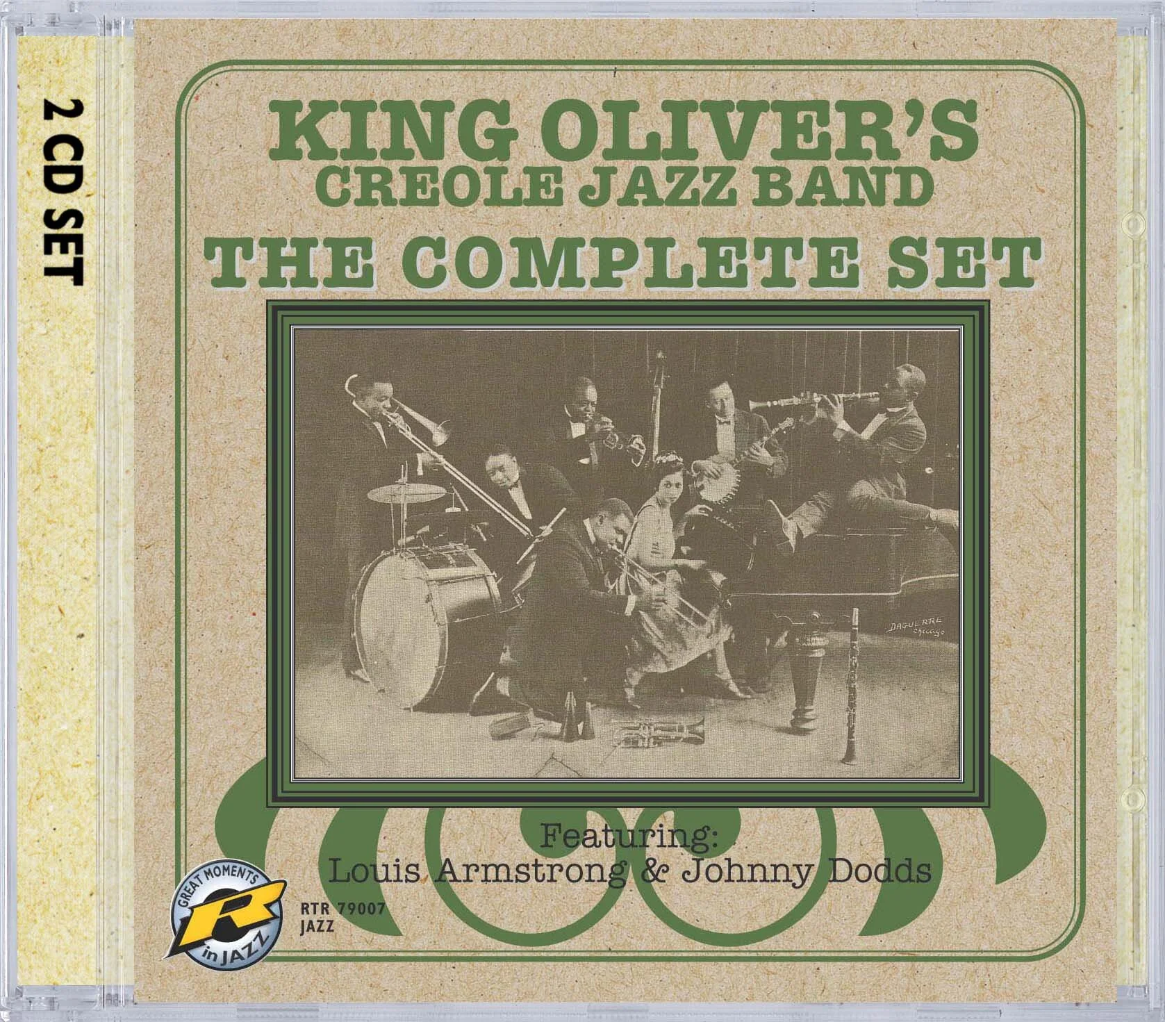 CD cover for "King Oliver's Creole Jazz Band: The Complete Set" featuring Louis Armstrong and Johnny Dodds. Includes a vintage photo of a jazz band playing instruments.