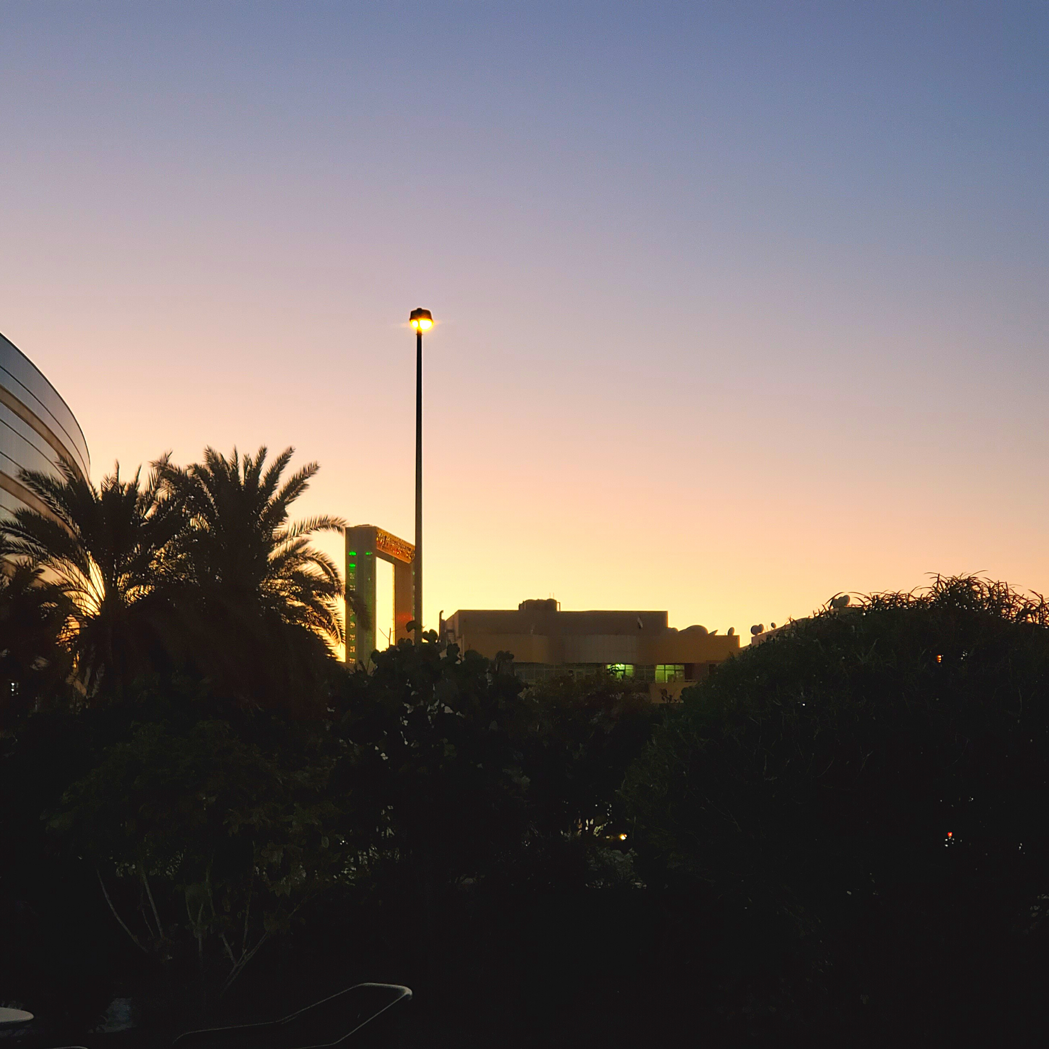 Silhouette of palm trees and a city skyline at sunset with a streetlight and a modern glass building in the foreground.