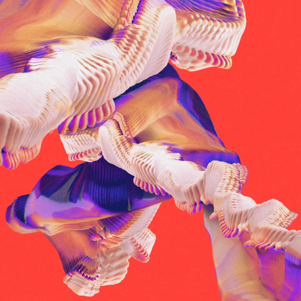 Abstract digital art with wavy, layered textures in purple, golden, and white hues on a red background.
