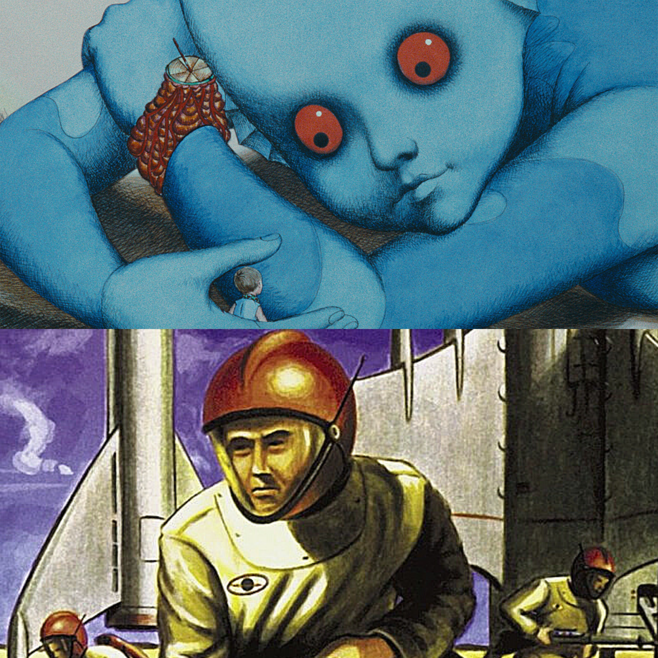 Surreal artwork featuring a large blue creature with red eyes holding a small human figure, and a scene with astronauts in vintage space suits.