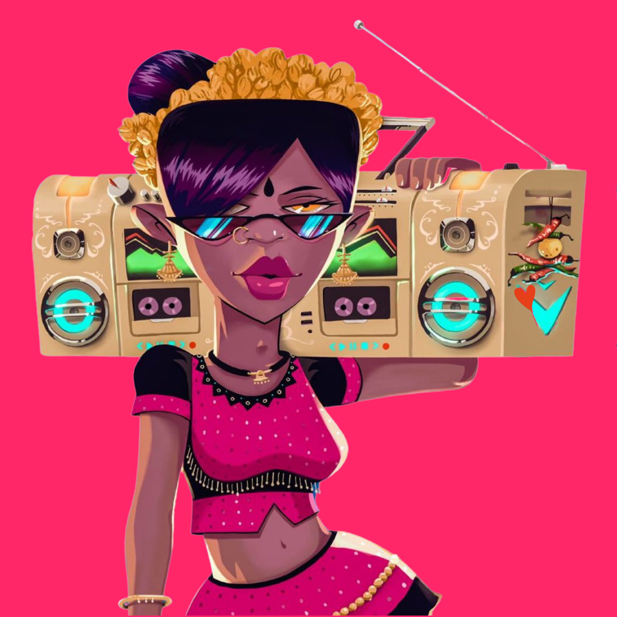 Illustration of a stylish woman with sunglasses and a boombox on her shoulder, wearing a pink and black outfit, against a bright pink background.