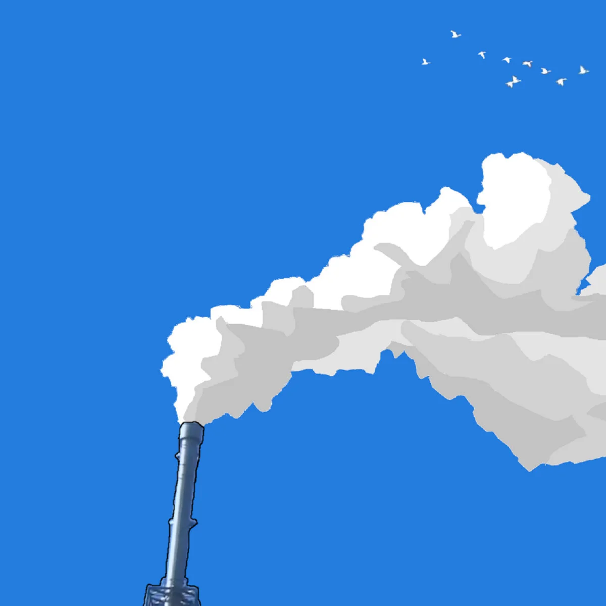 Illustration of a factory smokestack emitting white smoke with a blue sky background and birds flying in the distance.