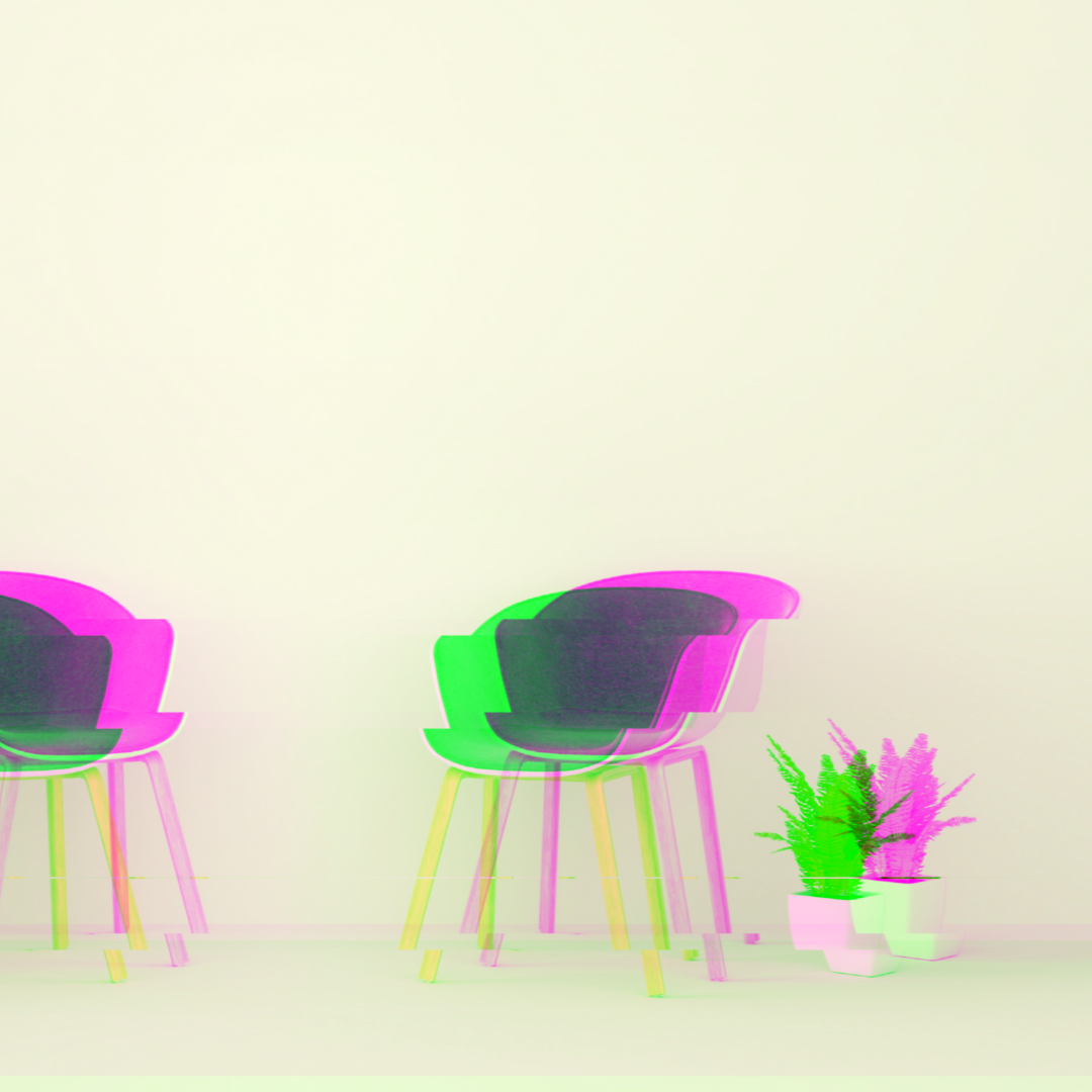 Two chairs with glitch effect next to potted plants, minimalistic interior design.