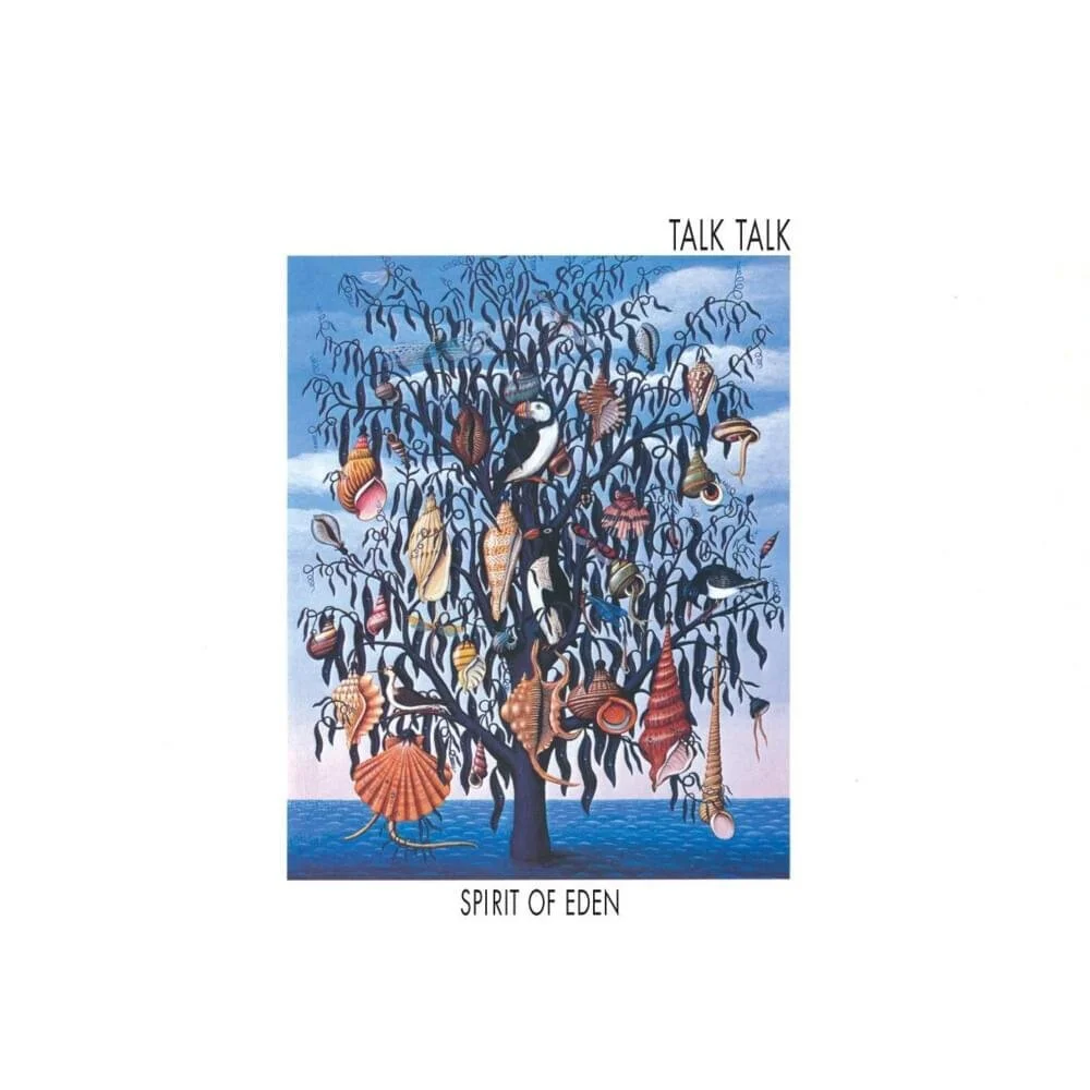 Album cover of "Spirit of Eden" by Talk Talk featuring an illustration of a tree with seashells and birds against a blue sky and water background.