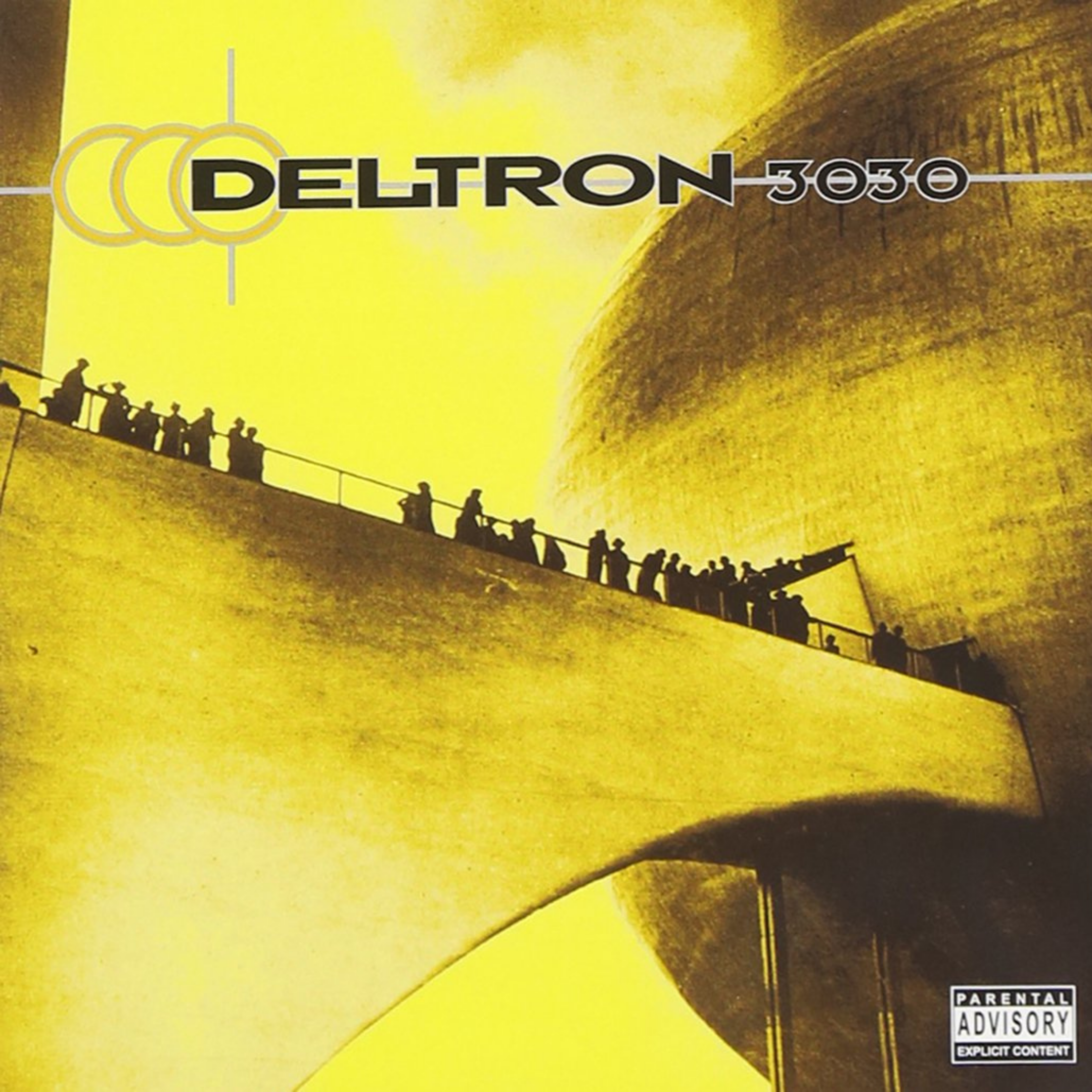 Cover art for "Deltron 3030" album featuring abstract architecture and silhouettes of people against a yellow background.