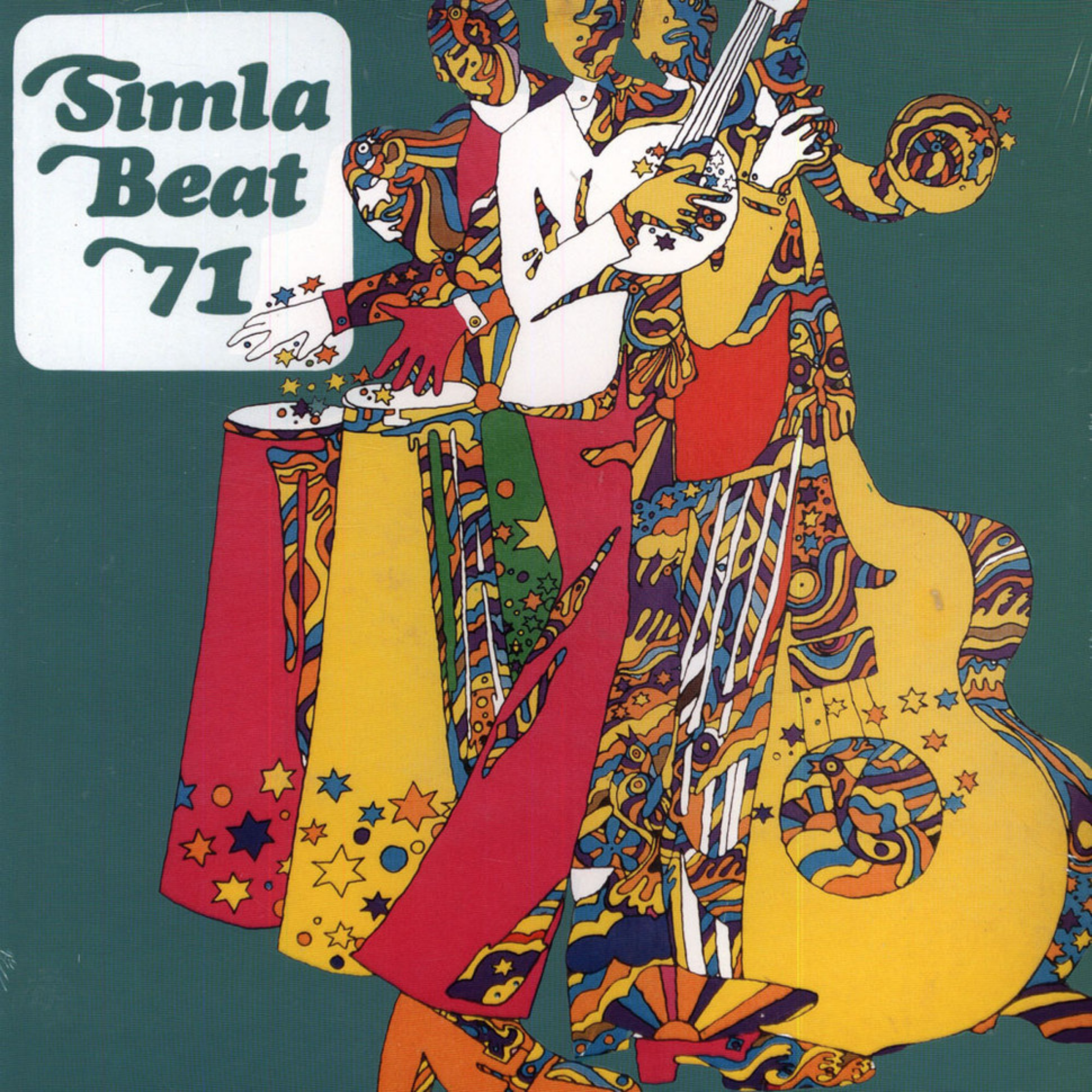 Psychedelic illustration of people playing musical instruments with the text 'Simla Beat '71' in the top left corner.