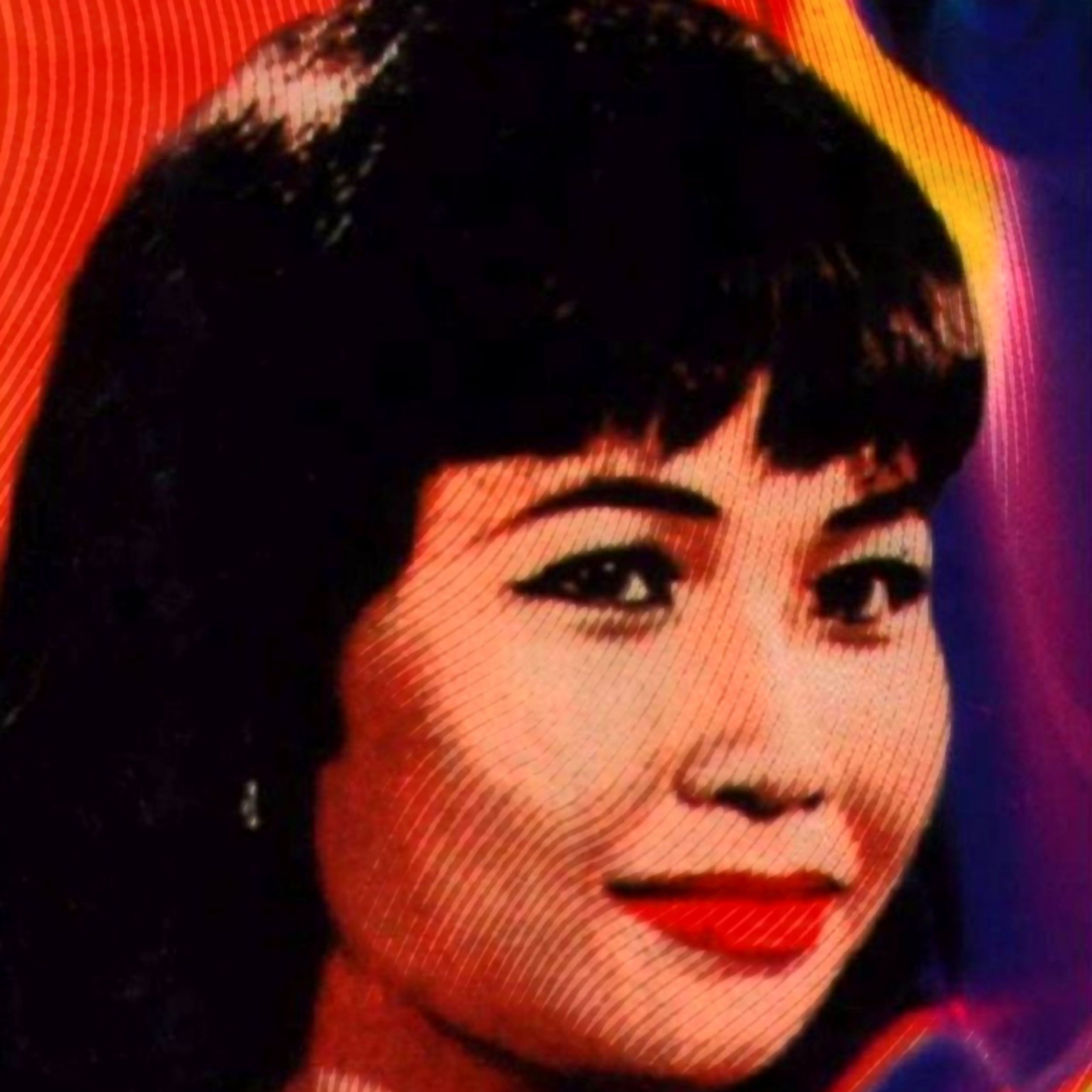 Stylized portrait of a woman with dark hair and red lipstick on a colorful background.