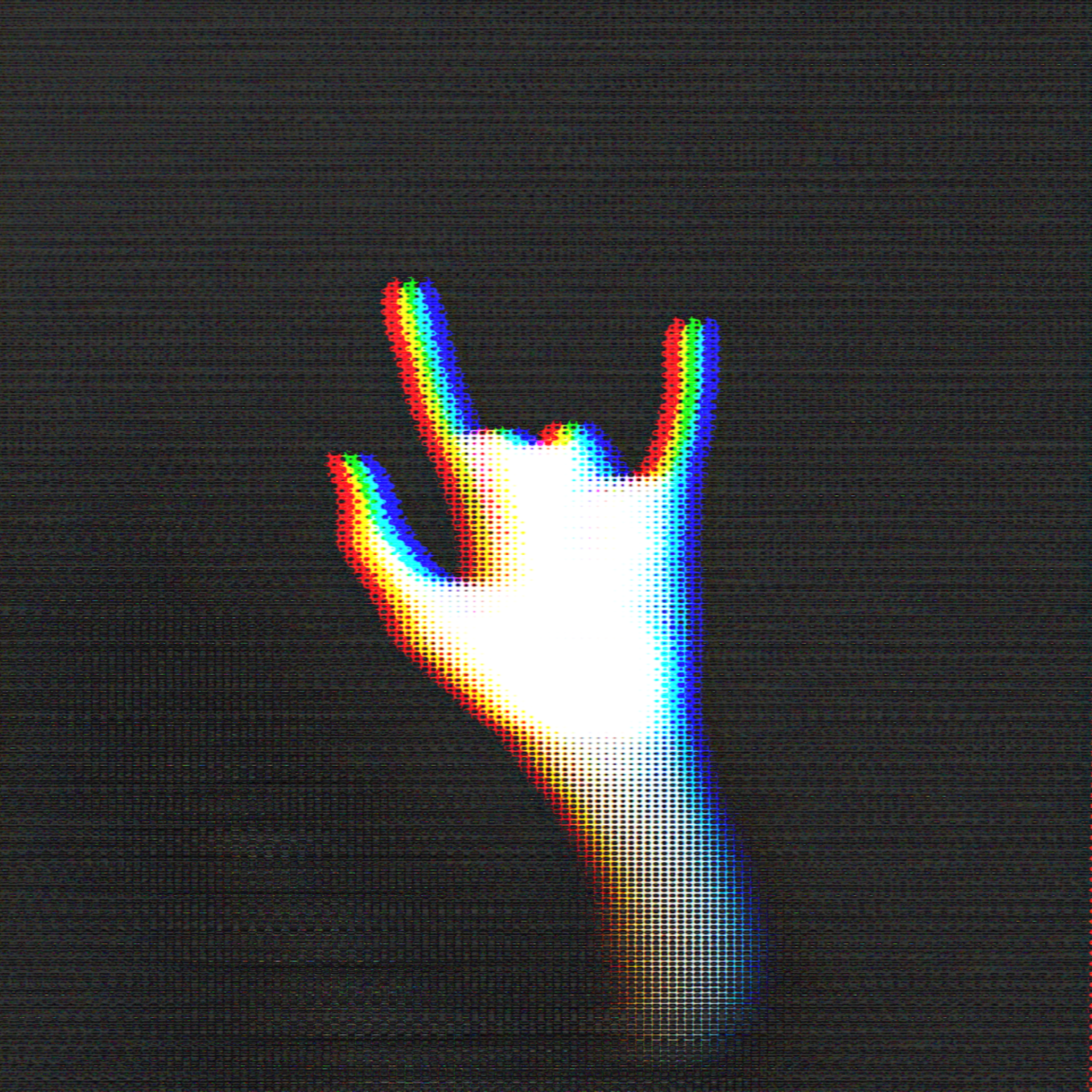 Hand making a rock on gesture with glitch effect on dark background.
