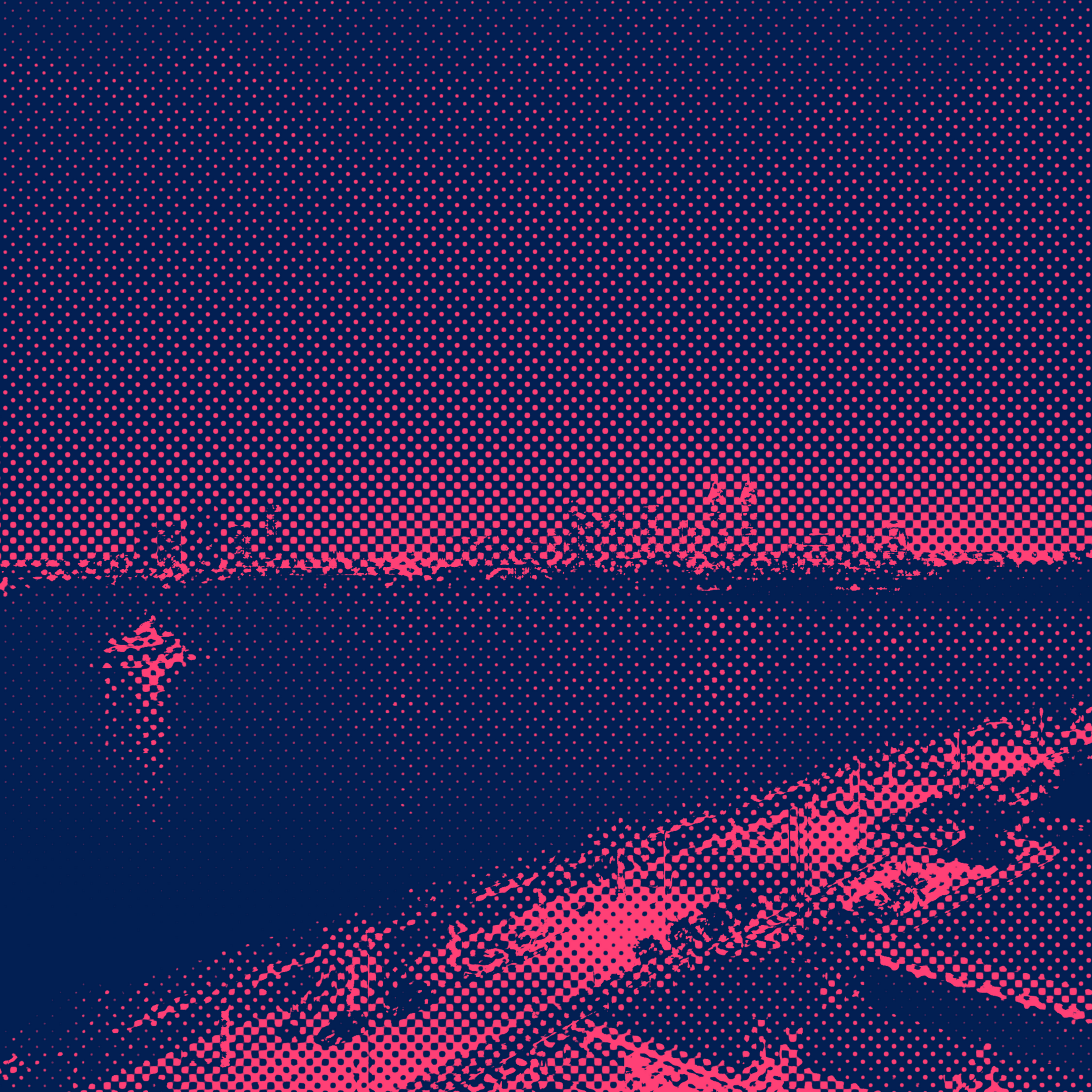 Dot-pattern artwork depicting a city skyline with a tower in foreground and waterfront area; blue and magenta color scheme.
