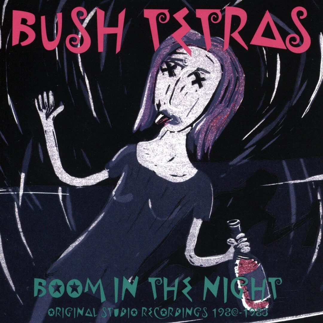 Album cover featuring a stylized drawing of a person with purple hair, holding a bottle. The title "Boom in the Night: Original Studio Recordings 1980-1983" is printed below.