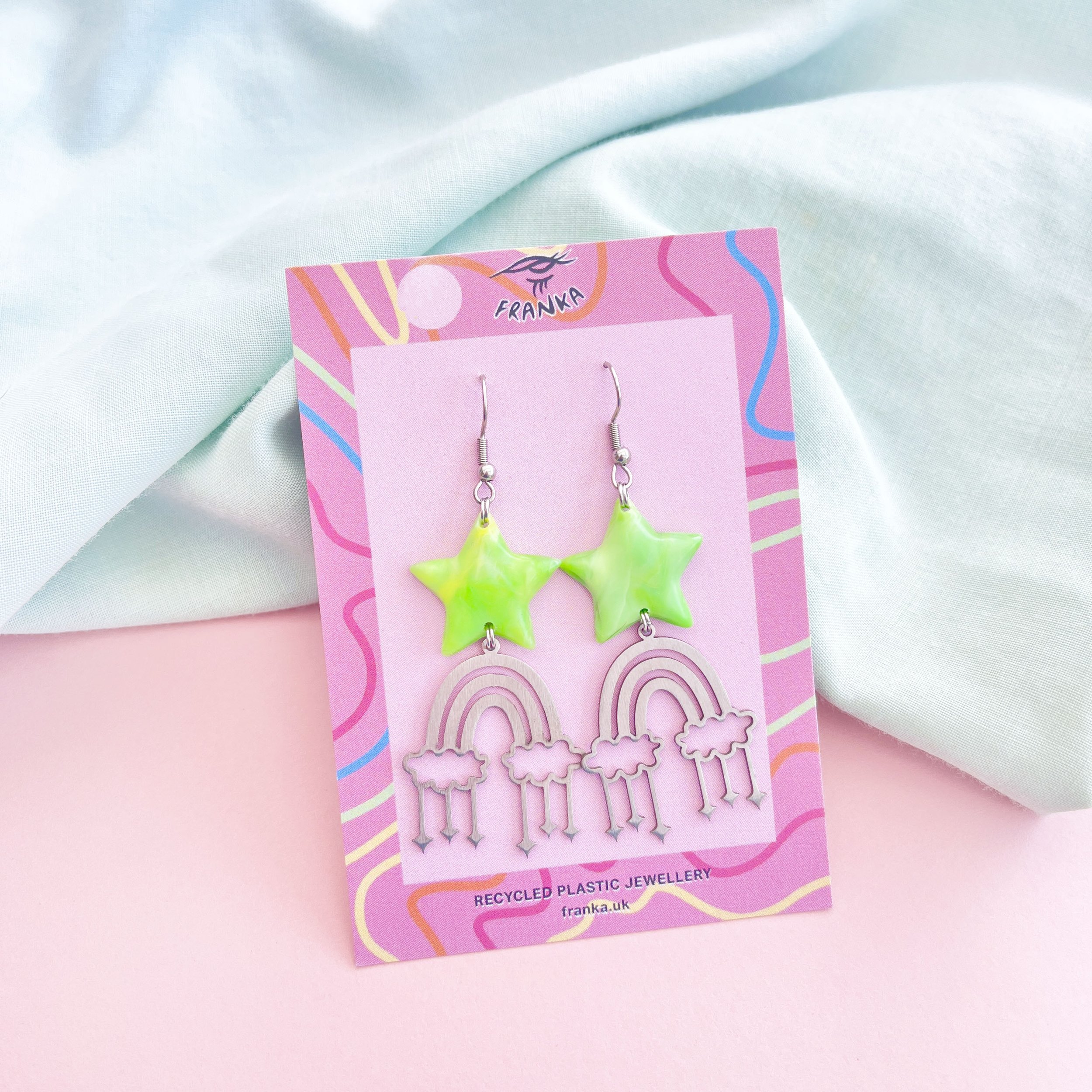 Glinda (Light Green) - Recycled Plastic Star/Rainbow Earrings - One of a Kind