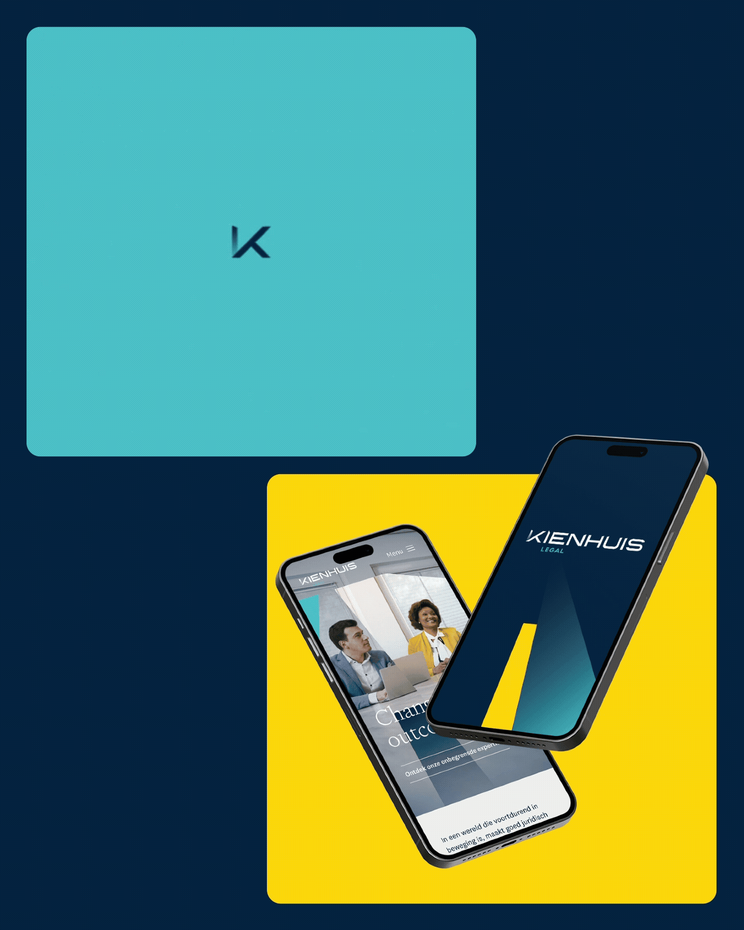 Letter K die op je af komt in huisstijlkleuren en website op mobiel scherm