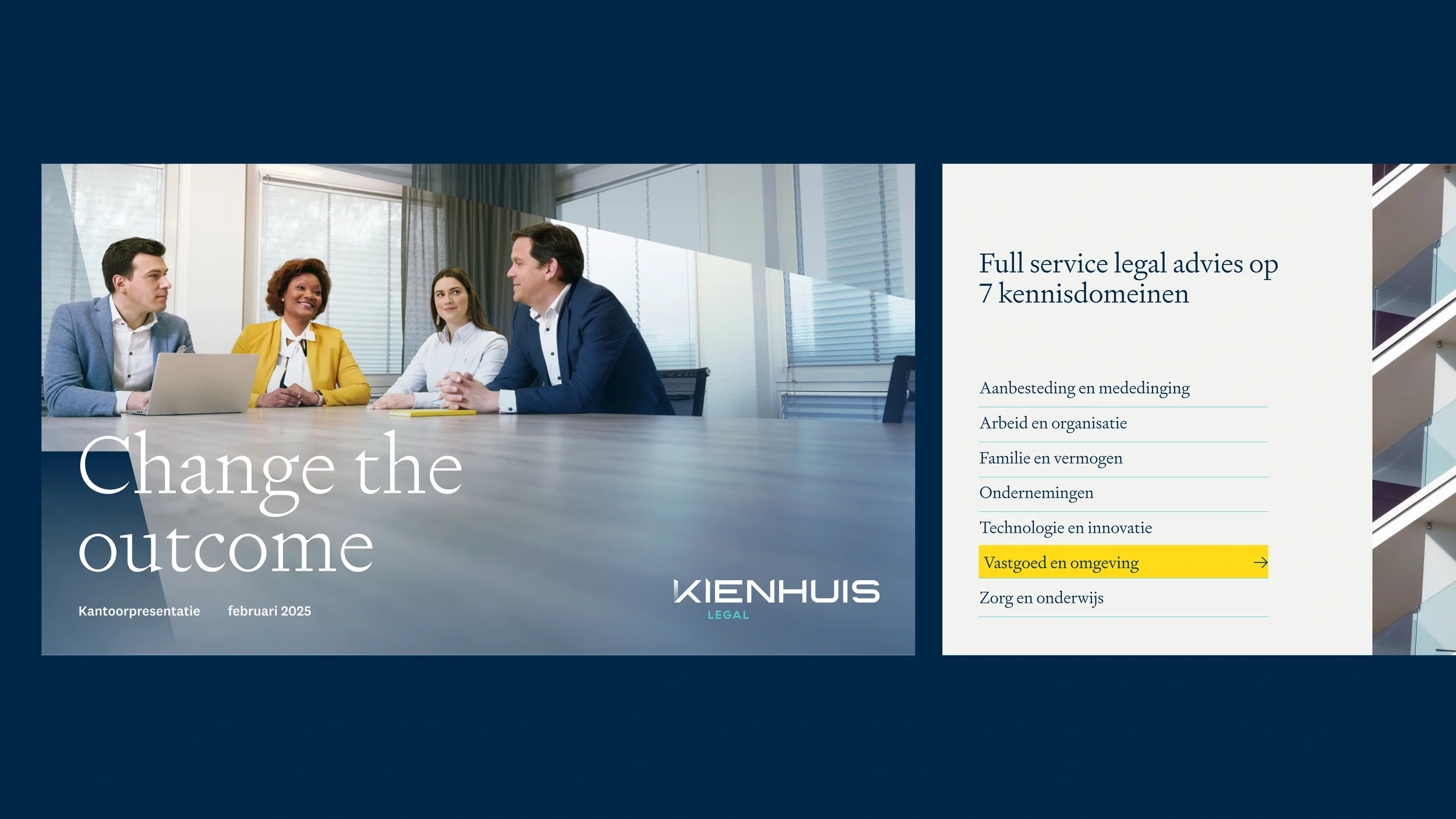 Presentatiebladen, voorblad met legal personeel en blad met 7 kennisdomeinen