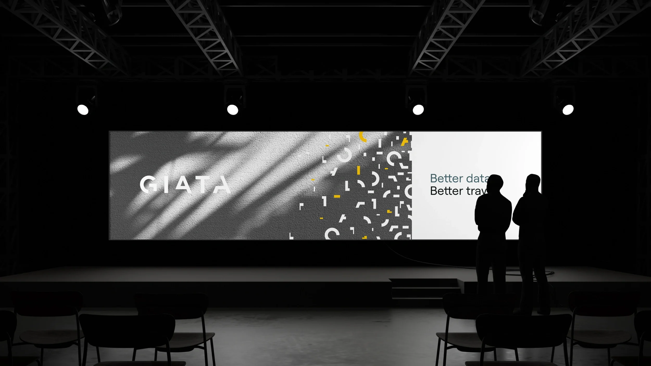 Conferentiescherm met Giata logo en tagline: Better data. Better travel