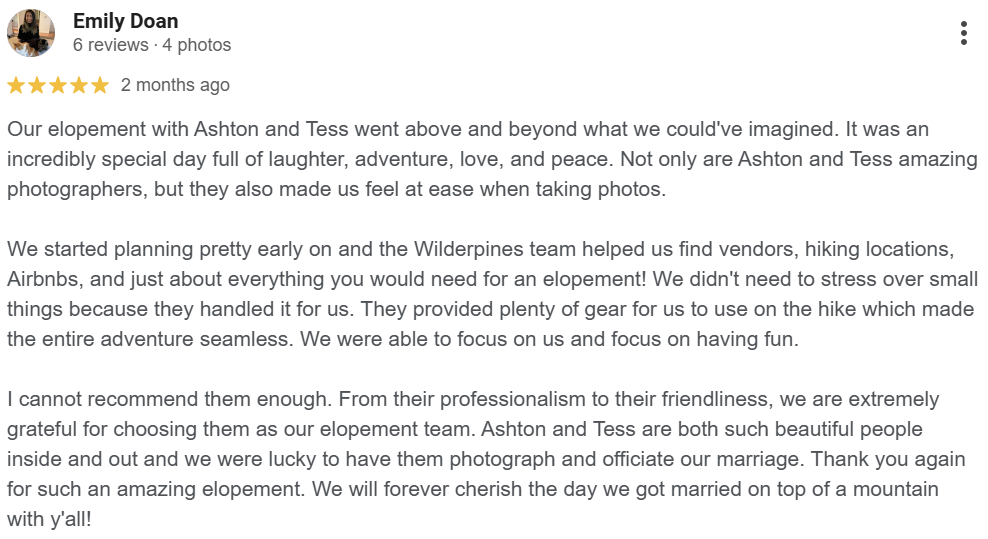 Customer review about wedding elopement experience with photographers Ashton and Tess, praising their professionalism, friendliness, and support during the outdoor mountain wedding.