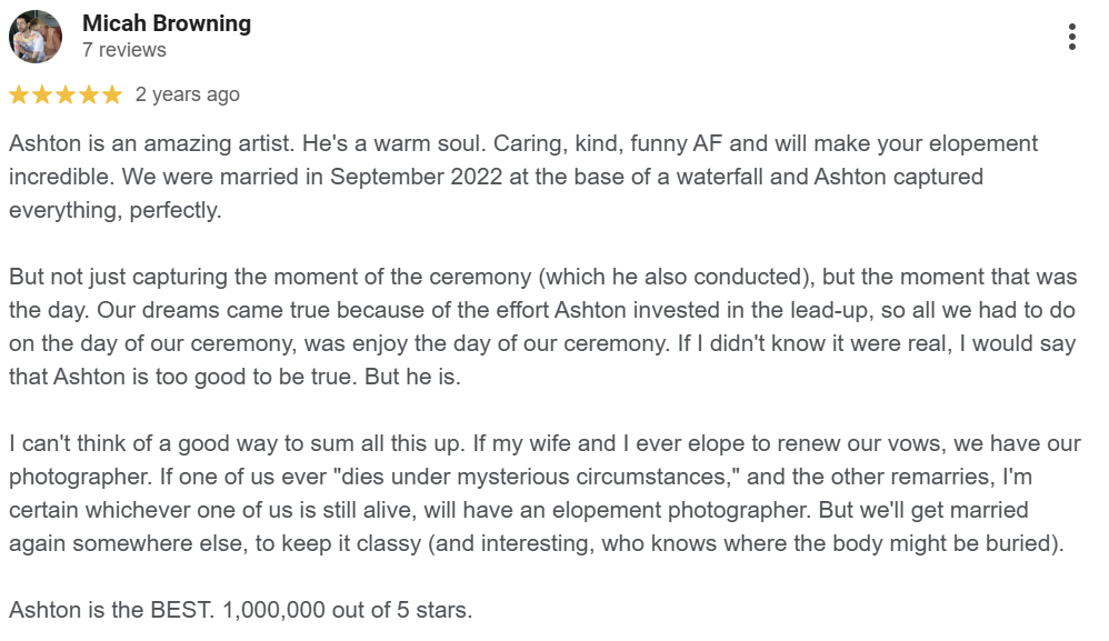 Screenshot of a Google review for Micah Browning, praising Ashton as an amazing artist and describing their wedding experience in September 2022.