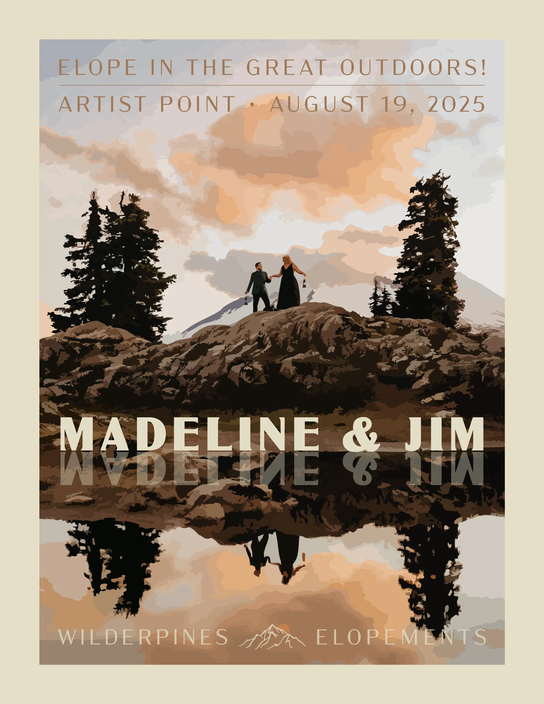 Event poster advertising a gathering in the great outdoors featuring Madeline and Jim on August 19, 2025, with a stylized illustration of two people holding hands on a rocky landscape with trees and mountains, and their reflection in a body of water.