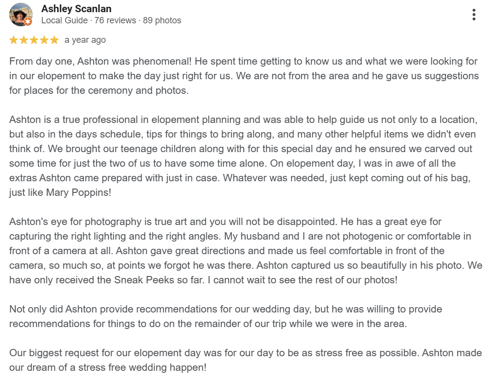 Screenshot of a Google review by Ashley Scanlan, praising a wedding elopement planning service, highlighting Ashley's professionalism, helpfulness, and photography skills.