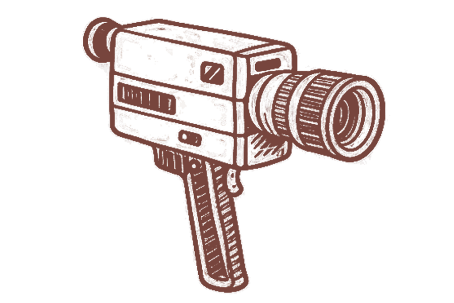Illustration of a vintage movie camera with a large lens and handle.