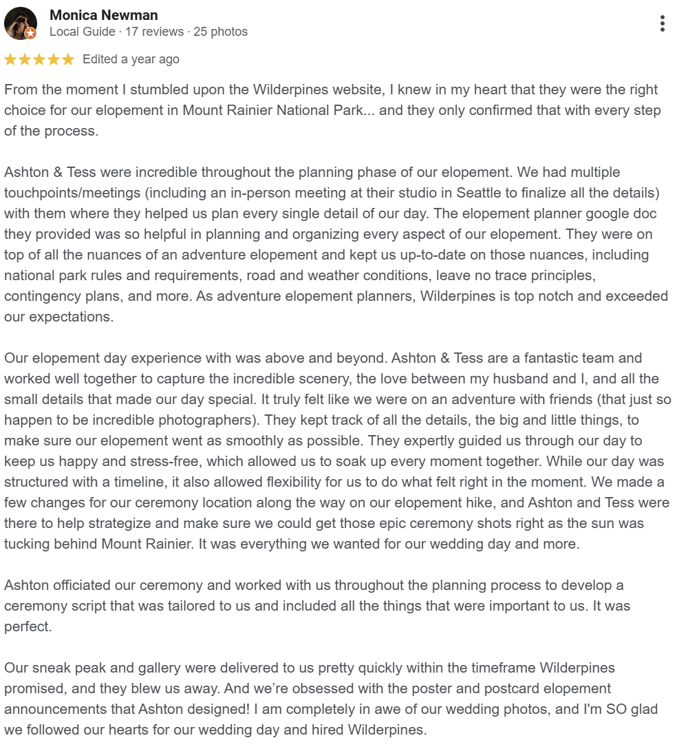 A screenshot of a Yelp review by Monica Newman praising Wilderpines for their professional planning, beautiful scenery, and excellent wedding day experience in Mount Rainier National Park.