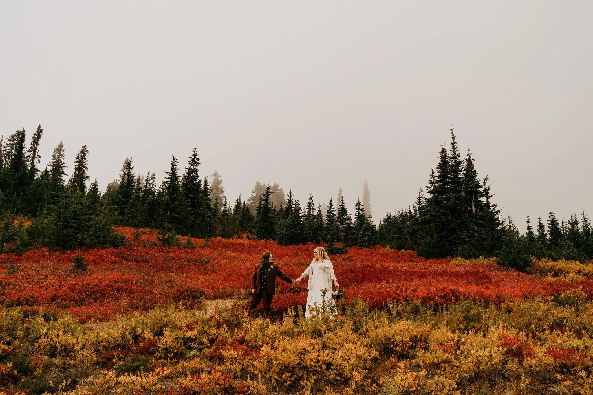 Two women holding hands in a colorful autumn landscape with red, yellow, and green foliage and a dense forest of evergreen trees in the background.