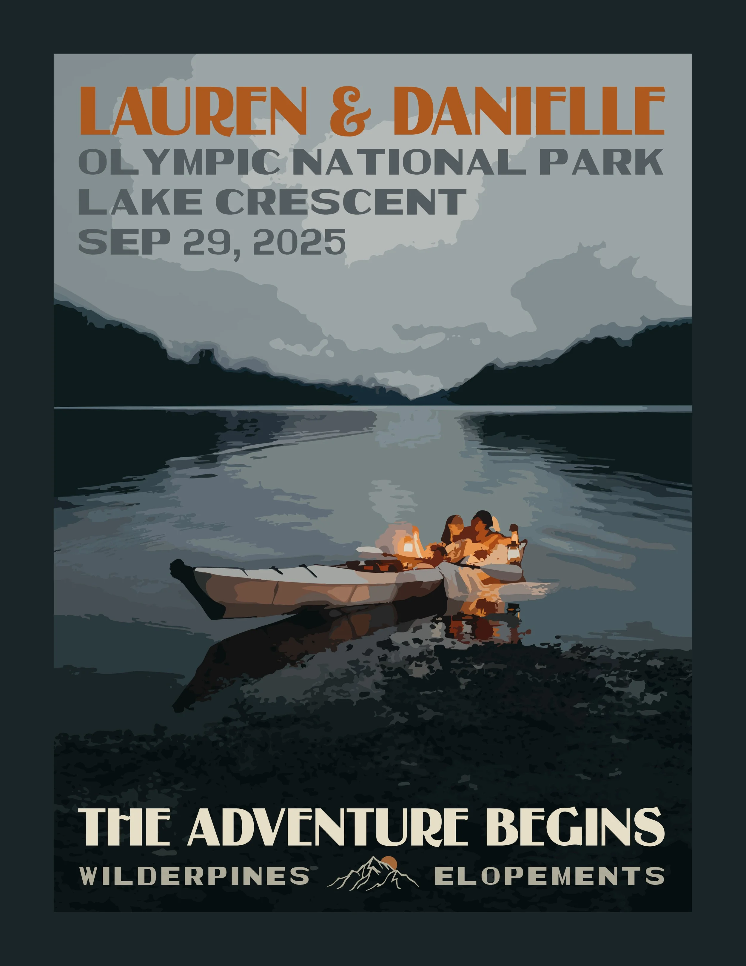A travel poster for Lake Crescent at Olympic National Park featuring a boat on a calm lake with mountain scenery in the background, advertising an event on September 29, 2025, with slogans 'The Adventure Begins' and mentions of Wilderness and Elopeme