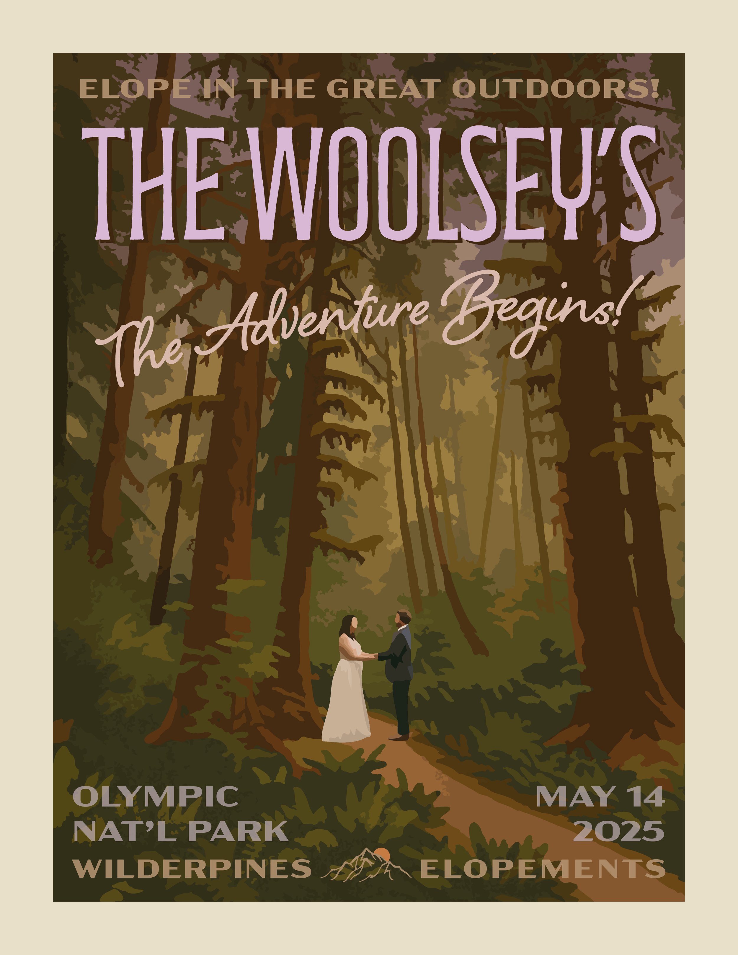 A promotional poster for an outdoor event called 'The Woolsey's' in a forest setting, featuring a couple holding hands and standing on a trail among tall trees, with event details including date, location, and theme.