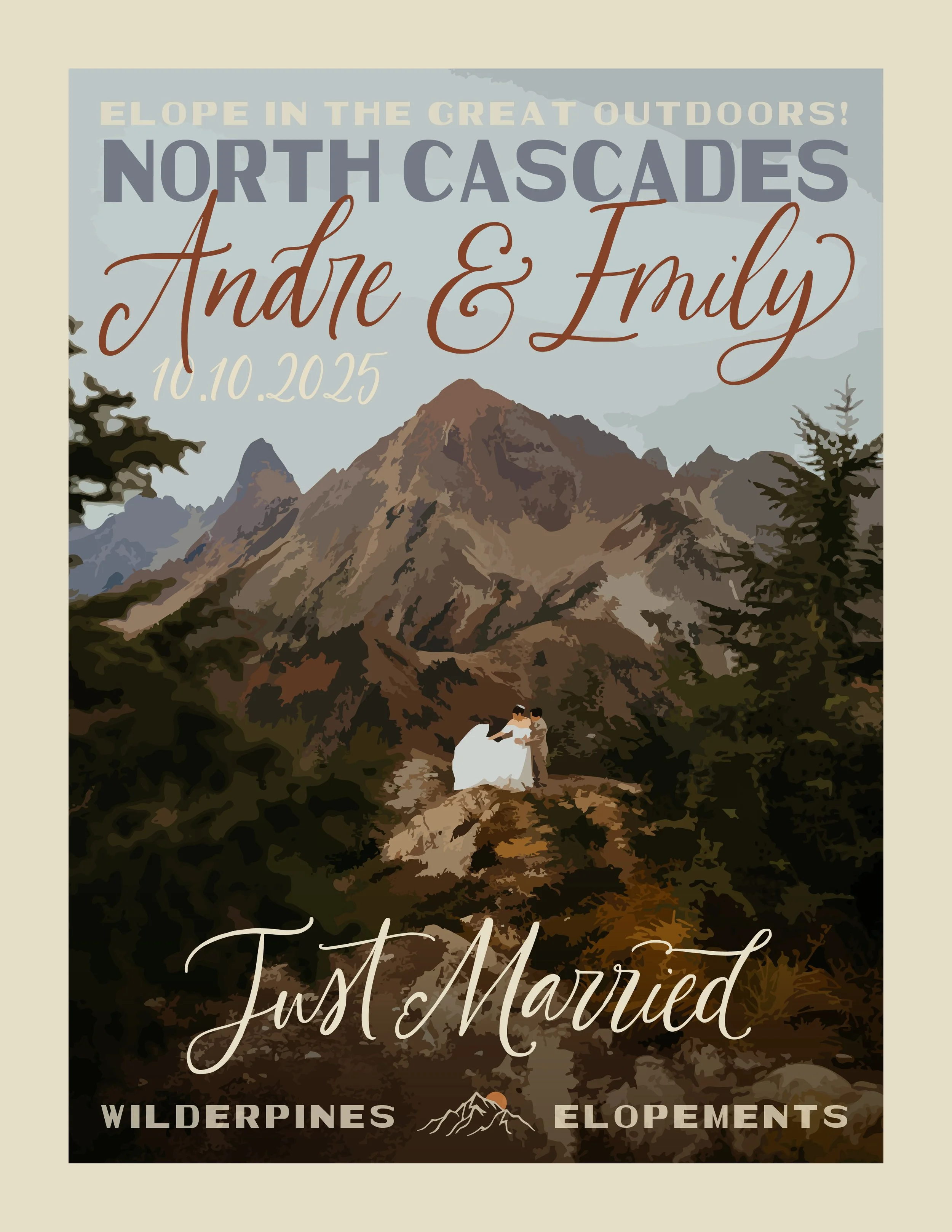 A wedding invitation featuring a mountain landscape with a bride and groom, announcing their wedding on October 10, 2025, at North Cascades, outdoors in wilderness and elopements setting.