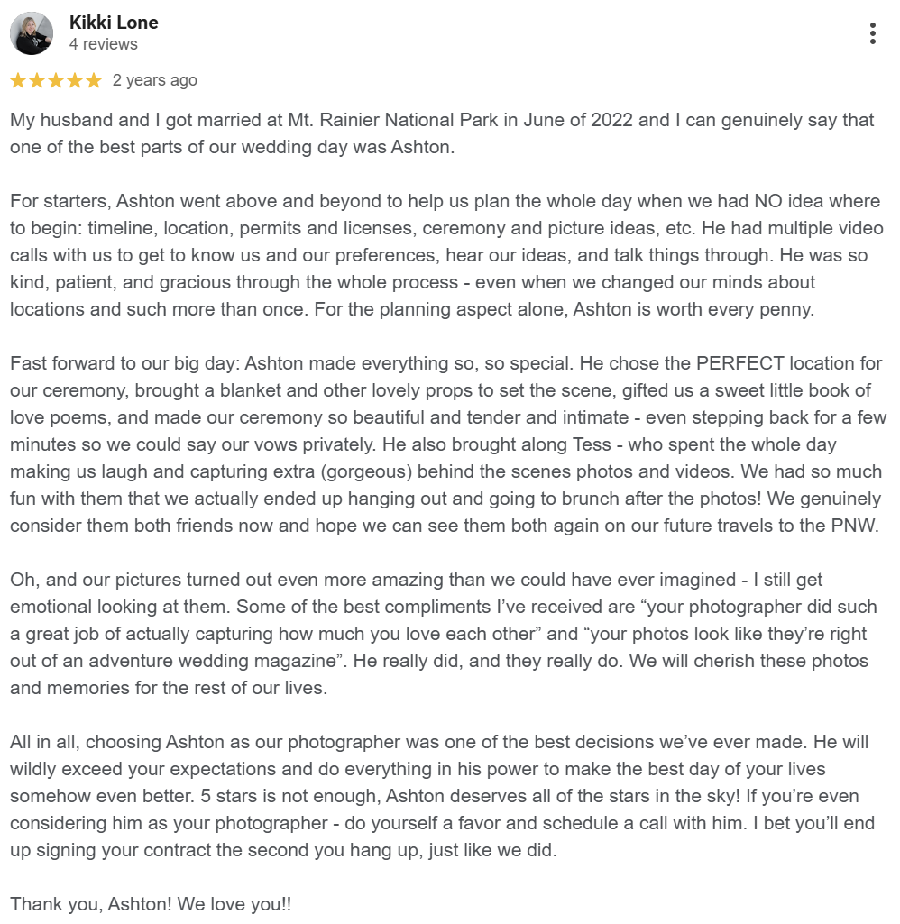 Screenshot of a customer review for a wedding photographer named Ashton, praising his planning and photography skills at Mount Rainier National Park.