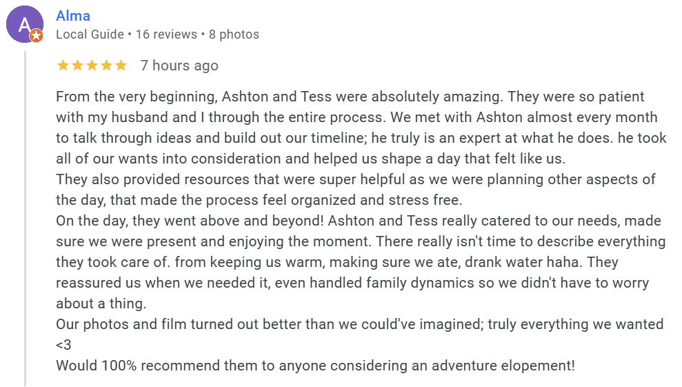 Screenshot of a Yelp review for Alma, a local guide, with 16 reviews and 8 photos, giving a 5-star rating and describing positive experiences with a service provider named Ashton and Tess.