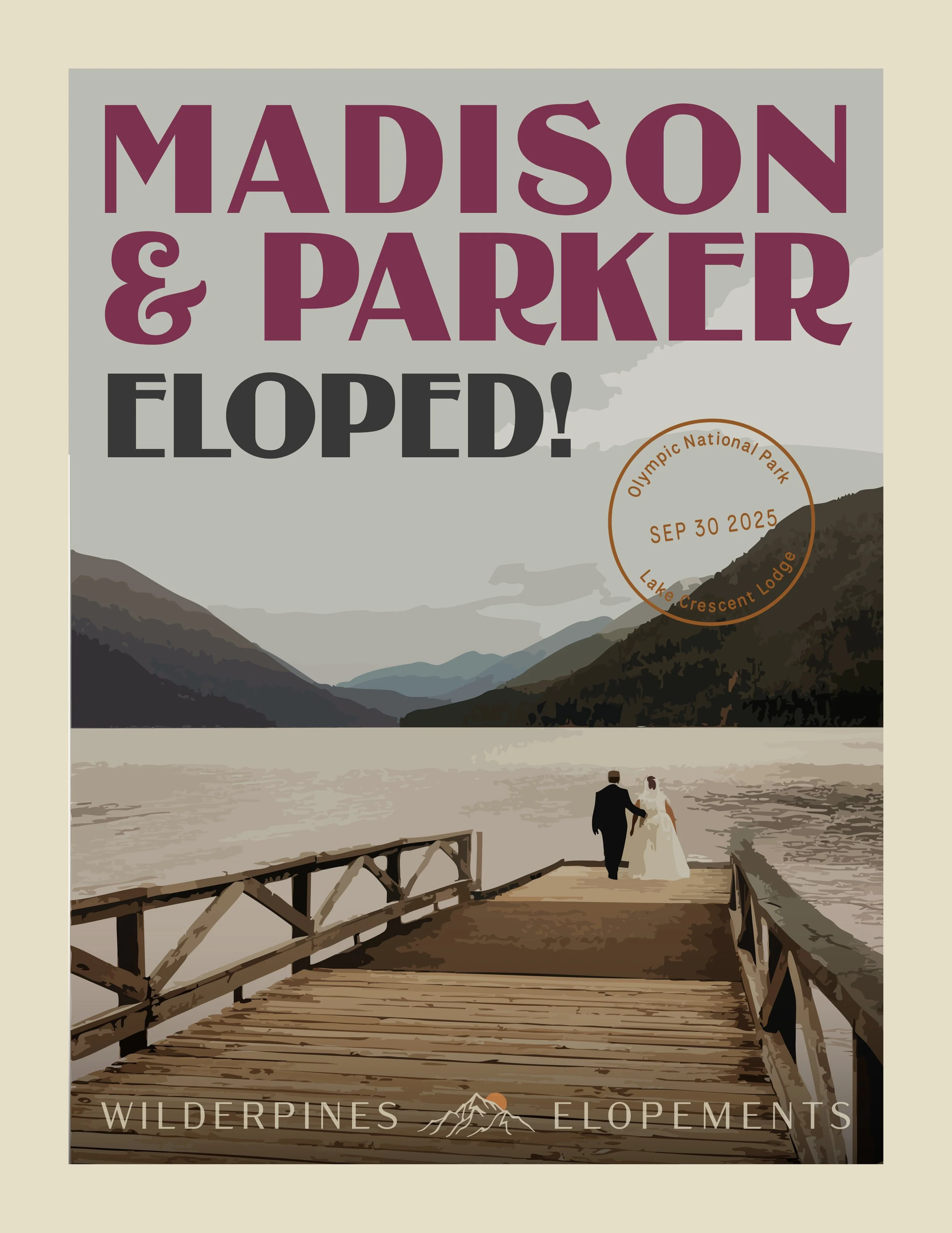 Poster announcing the expansion of Madison and Parker to Wilderness Elopements, featuring a scenic lakeside landscape with mountains, a dock, and a bride and groom walking together.
