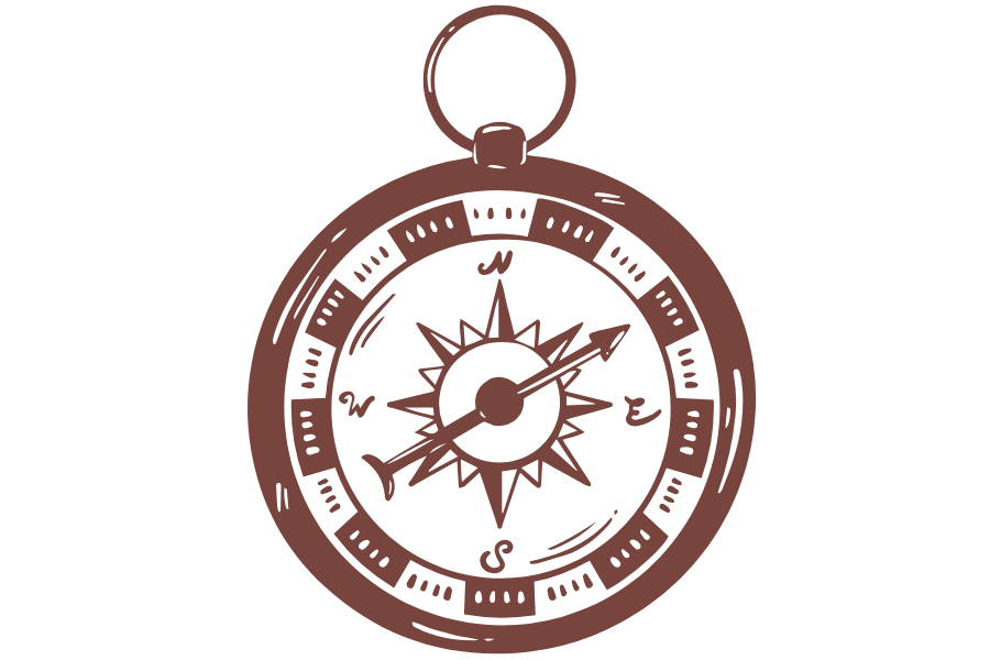 A compass with a brown frame and a black background, showing cardinal directions and a needle pointing northeast.