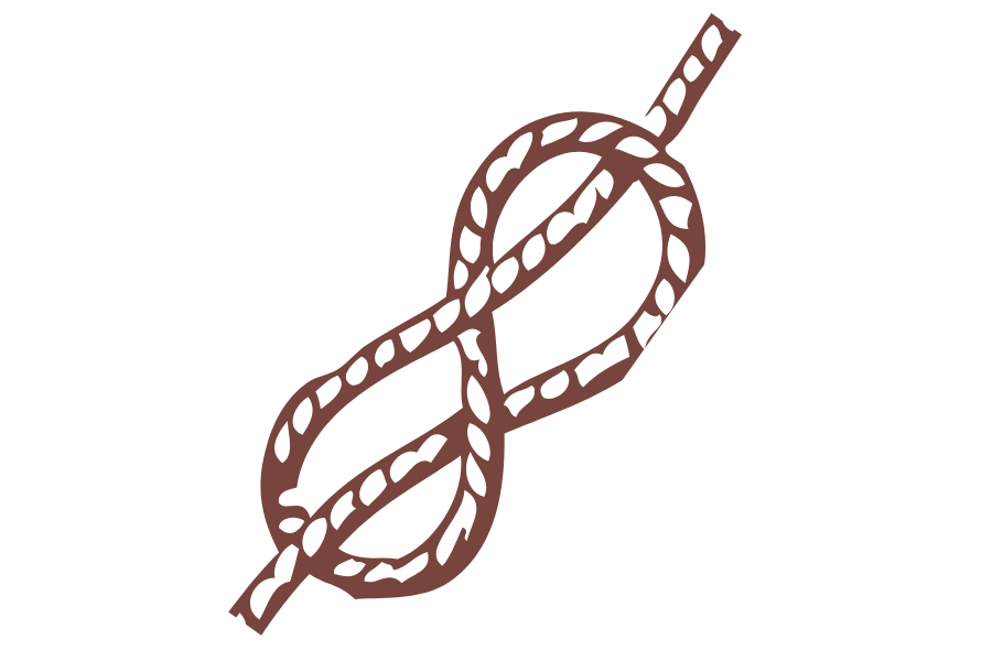 A brown rope tied in a complex knot, set against a black background.