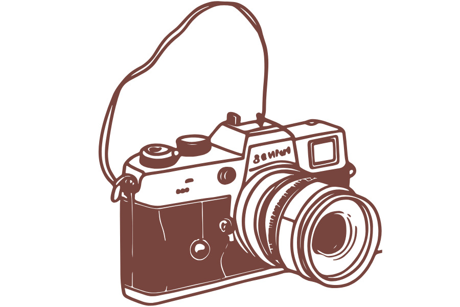 Outline drawing of a digital camera with a lens, viewfinder, and strap.