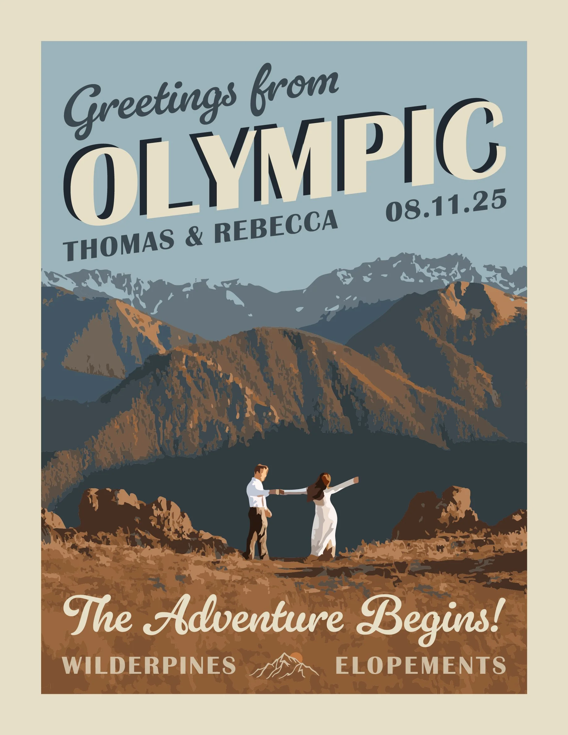 A poster with an illustration of a mountainous landscape, featuring a couple holding hands in the foreground, with mountains and snow-capped peaks in the background. The poster reads 'Greetings from Olympic', with names 'Thomas & Rebecca', a date '08