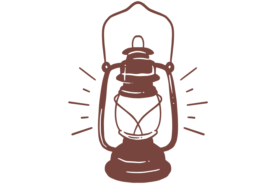 Line drawing of an old-fashioned kerosene lantern with light rays emanating from it, against a black background.