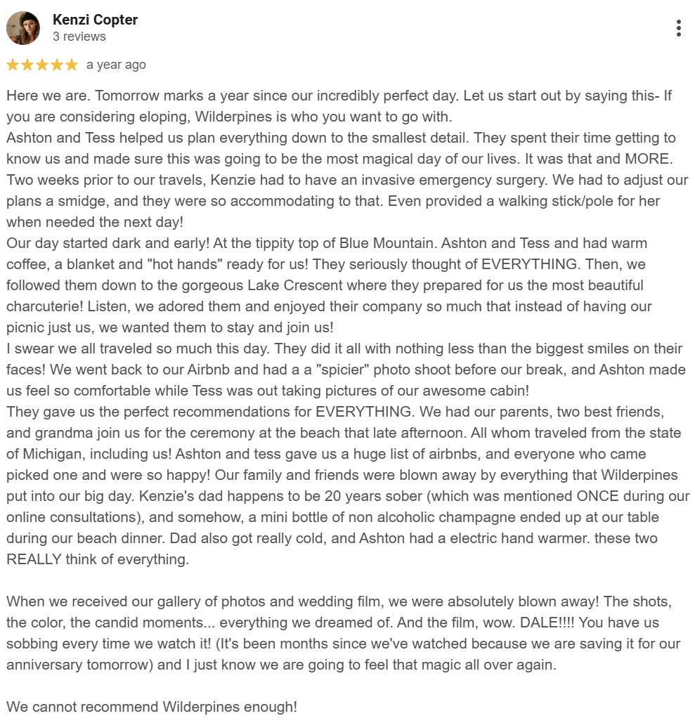 Customer review text describing a wedding or vacation trip with details about travel, family, and special moments.