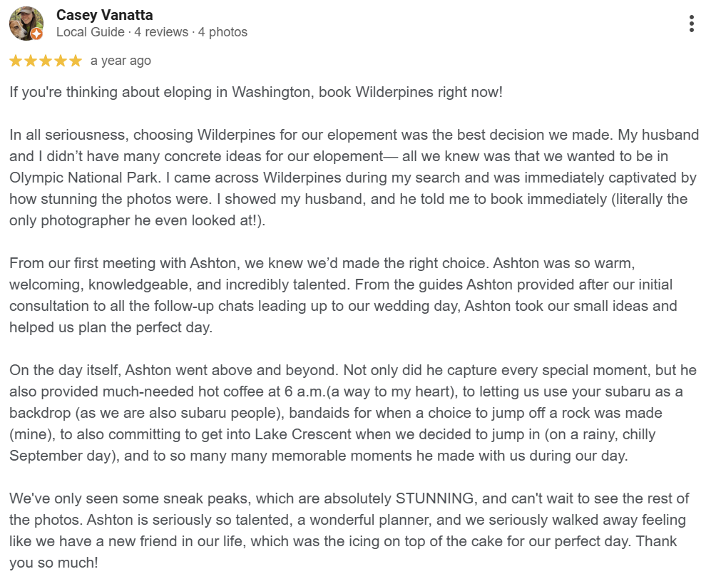 Screenshot of a positive review by Casey Vanatta, a local guide, describing her experience booking a wilderness photography session in Washington, including details about her wedding day and her photographer, Ashton.