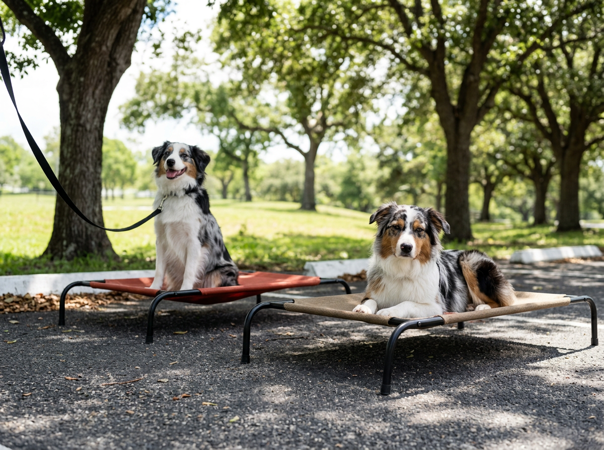 Group of dogs performing a duration sit-stay in an outdoor group obedience class in Deerfield Beach, South Florida.