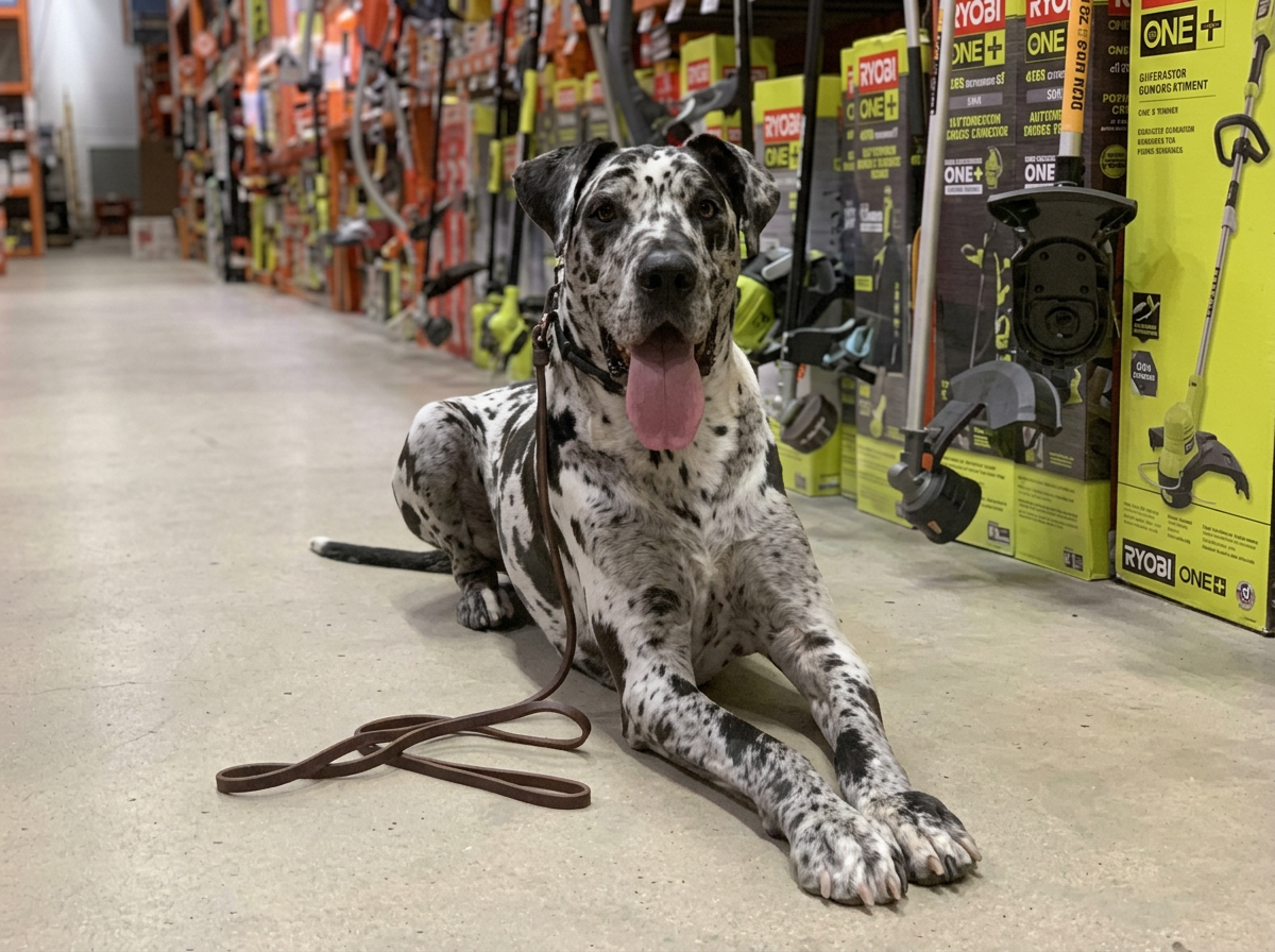Gorgeous Great Dane service dog can sit obediently in a store after successfully completing his 6 week behavioral training in South Florida.