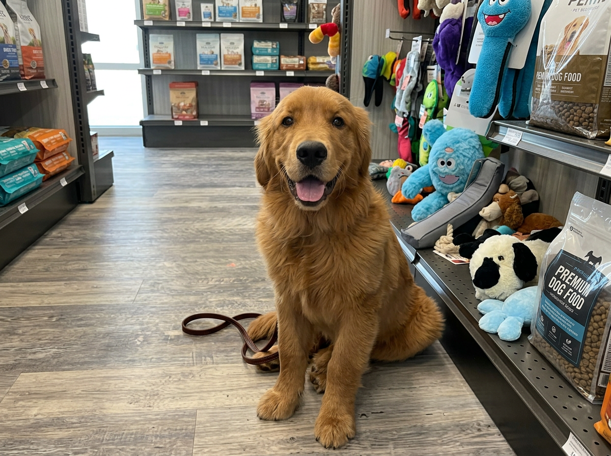 Smiling Golden Retriever sitting obediently in the pet store after finishing a Deerfield Beach board and train program.