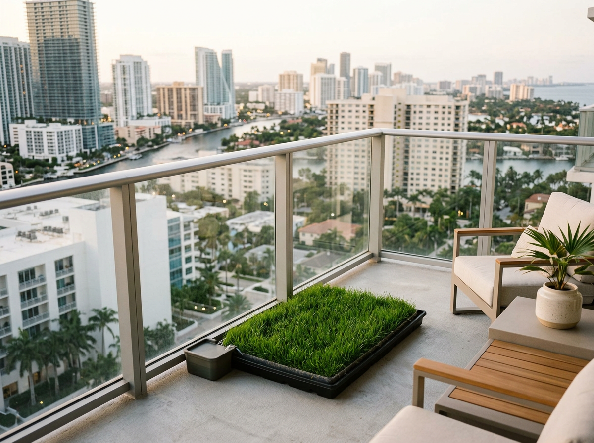 ydroponic real grass puppy potty pad set up on a shaded luxury apartment balcony in Boca Raton Florida.