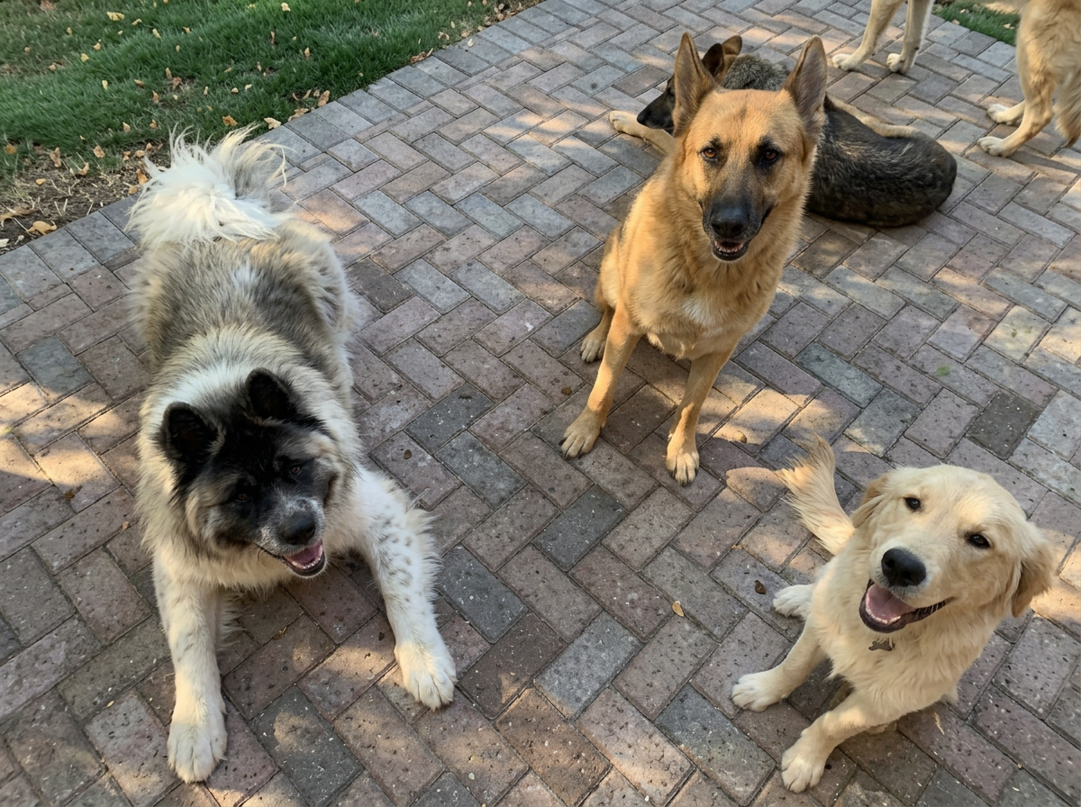 Group of dogs performing a duration sit-stay in an outdoor group obedience class in Fort Lauderdale,  Broward, FL.