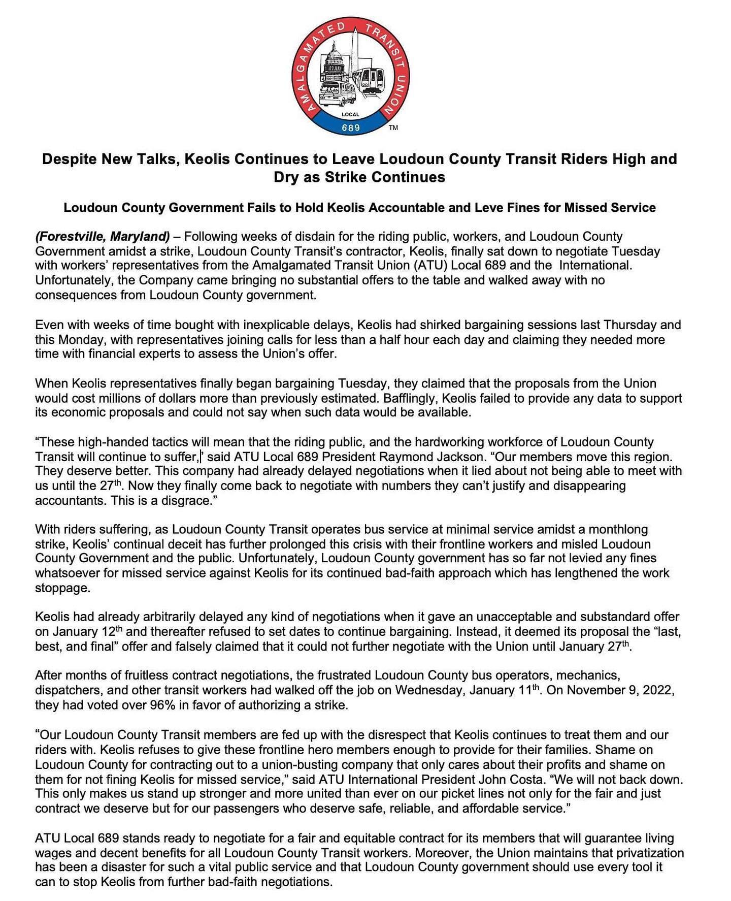 Keolis is leaving the riding public high and dry. We will continue to stand #atustrong in the face of such high-handed tactics but it is time for Loudoun County Government to fine Keolis for its intransigence and bad-faith negotiations.