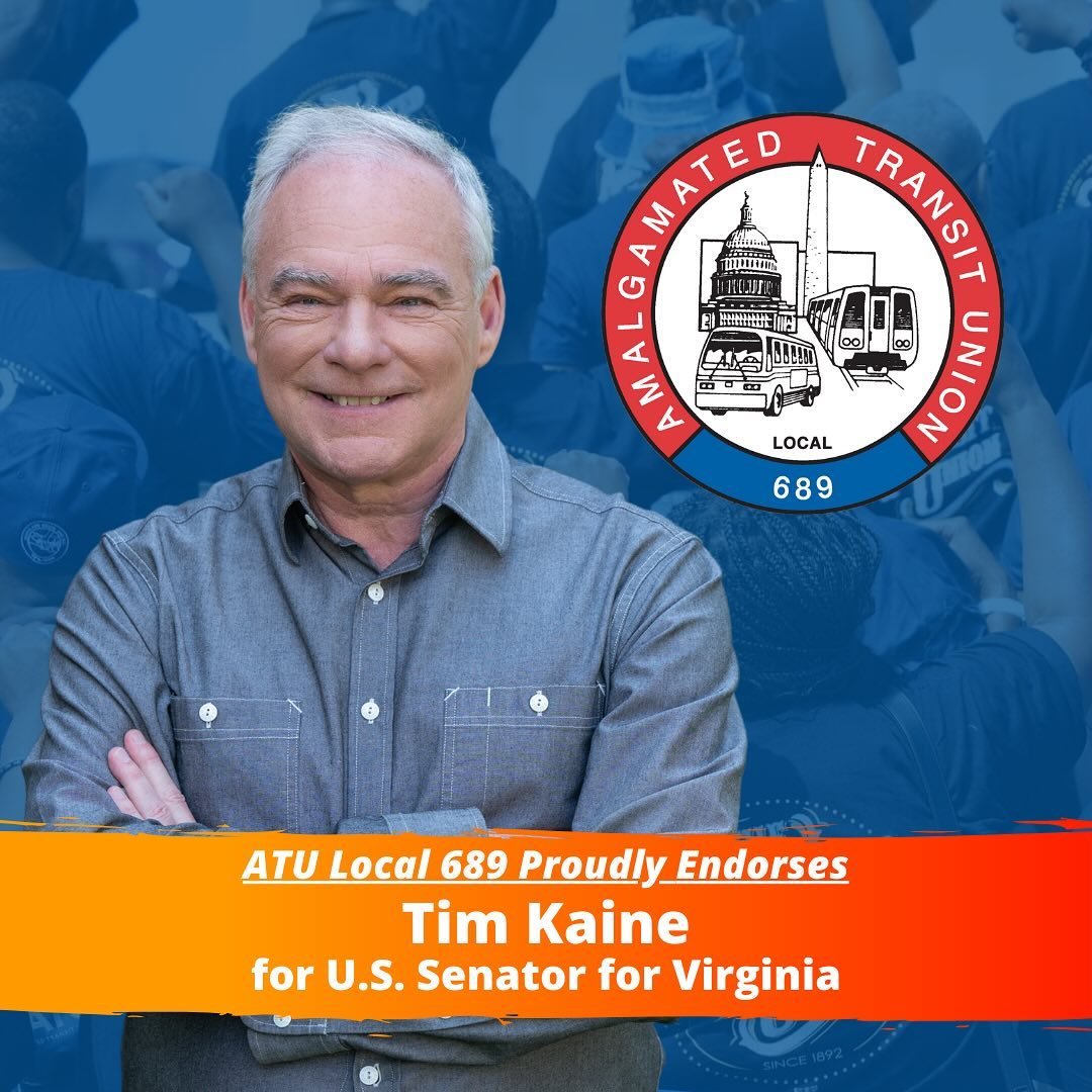 This morning, Local 689 is proud to endorse a great champion of working people and public transportation, Senator @timkaine ! Ever since his days as Mayor of Richmond, we&rsquo;ve been proud to count on Senator Kaine as a friend. Let&rsquo;s ensure h