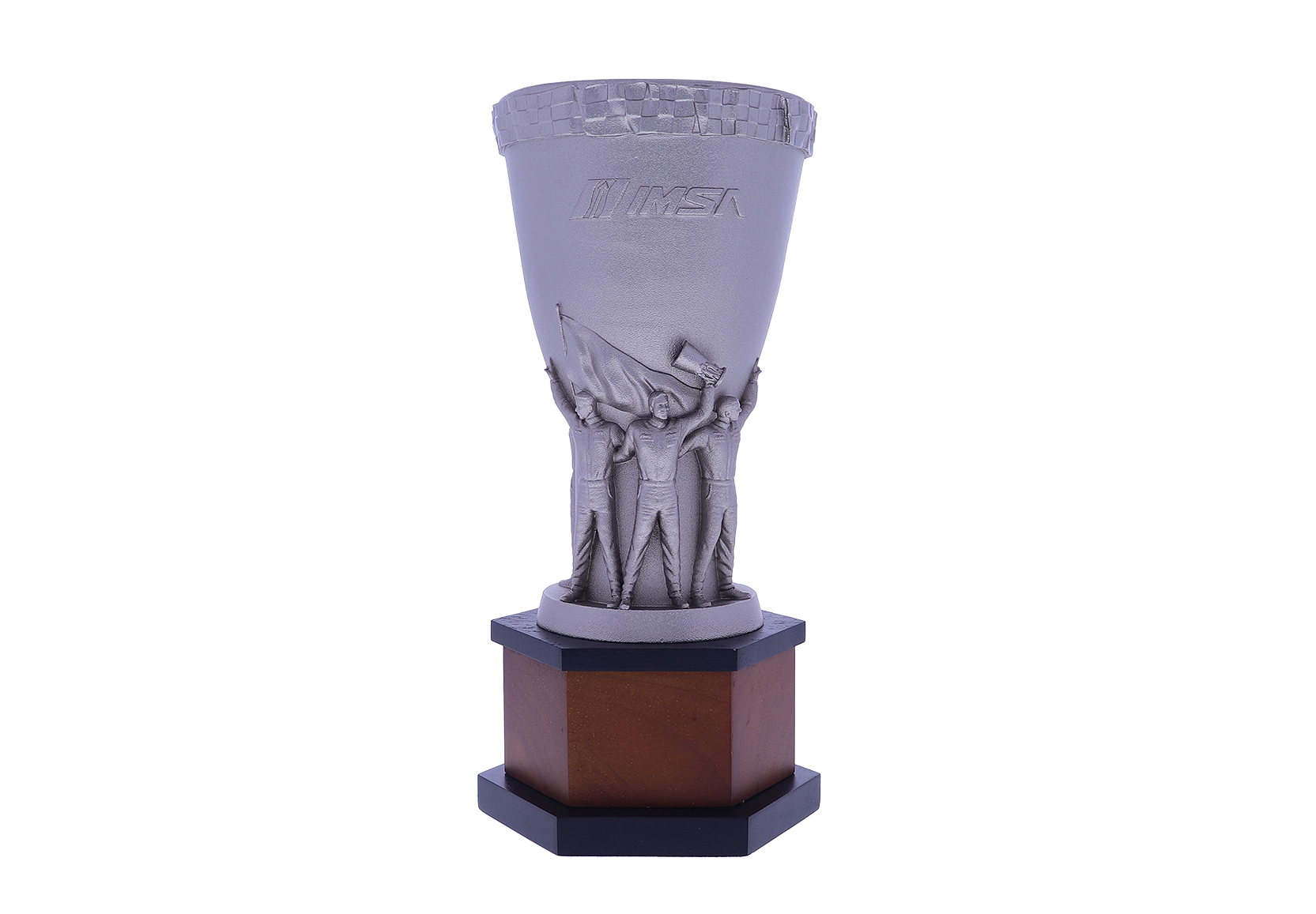 Masterful Trophy Cup Crafted by Inspired Bronze. The Form is Highly Detailed with Racecar Drivers and Flying Flags.