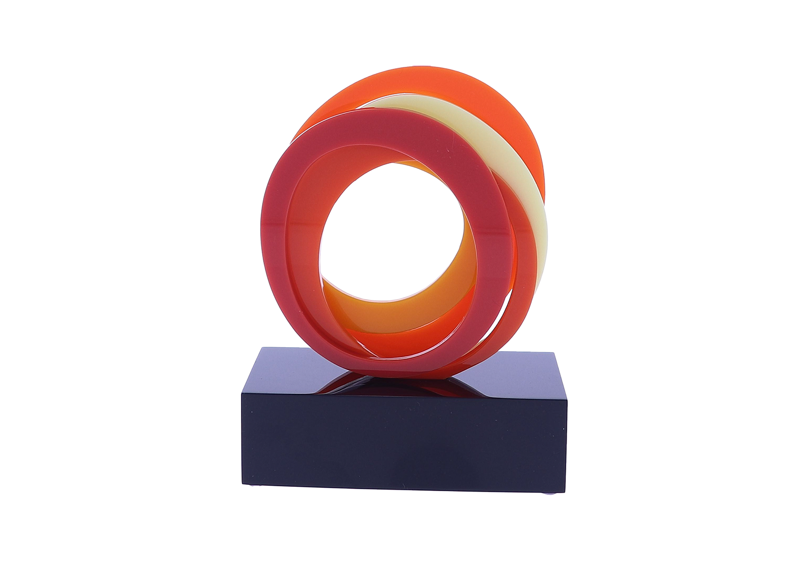 Orange, red, and yellow interlocking loops atop a black base