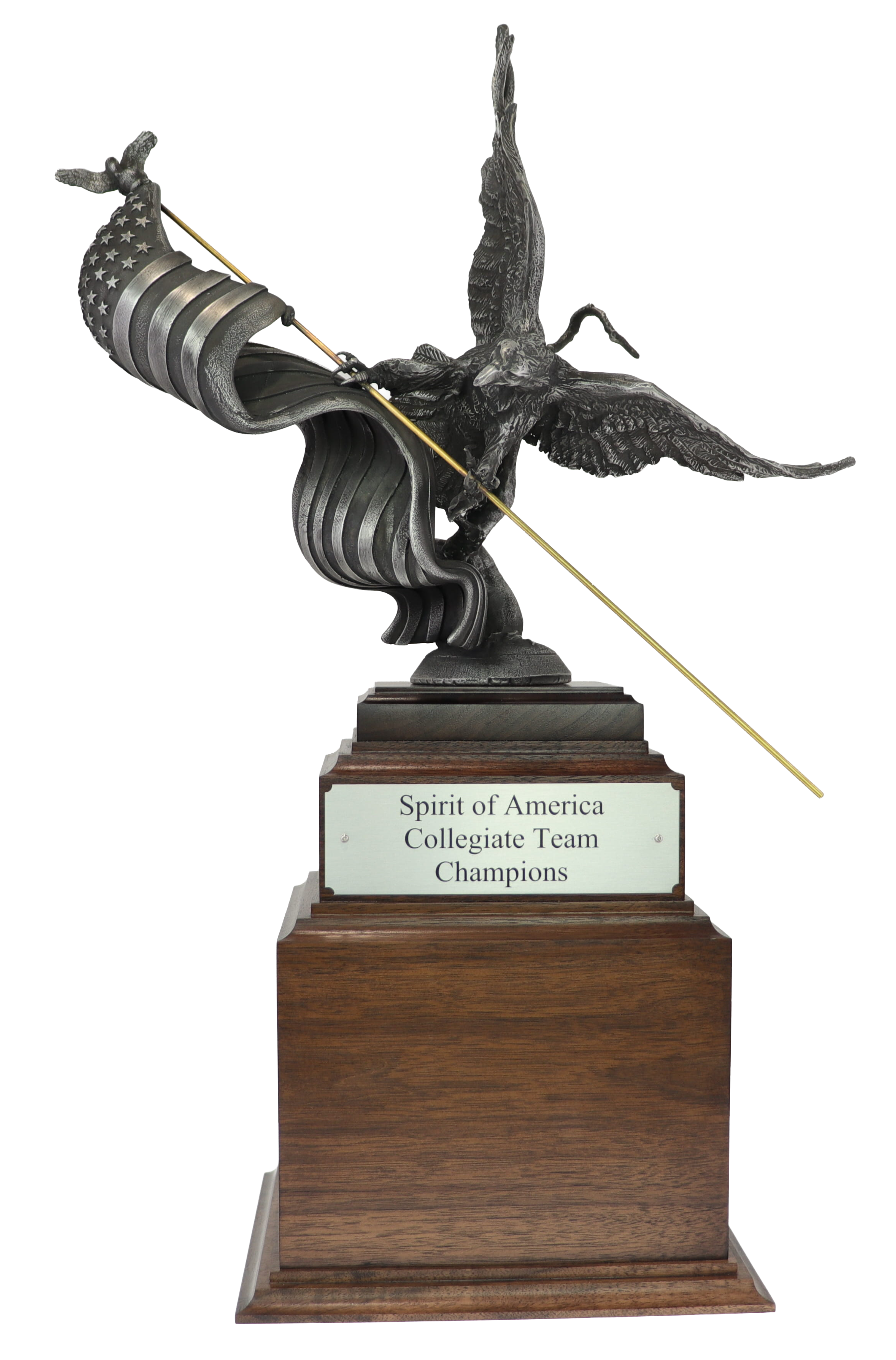 Spirit of America Collegiate Team Champions Trophy of Bald Eagle flying while holding the United States Flag