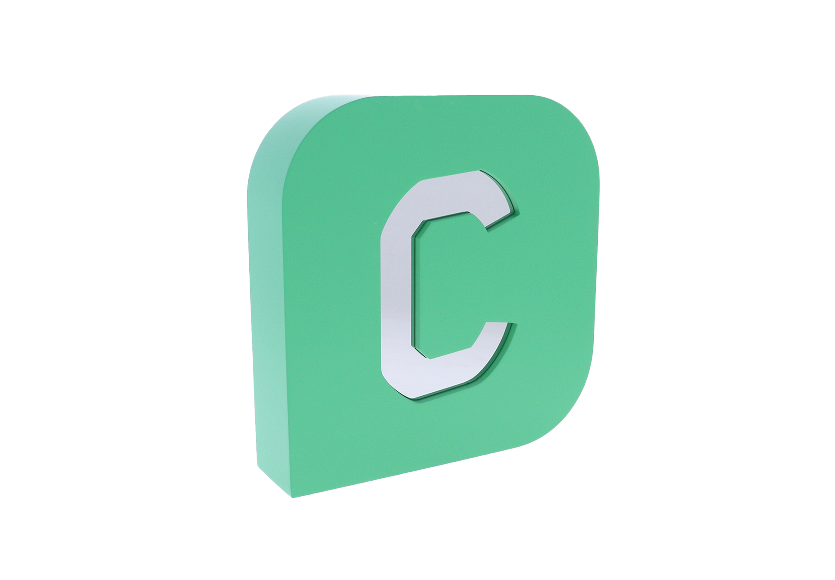 Green square with three rounded edges and a cut out letter "c"