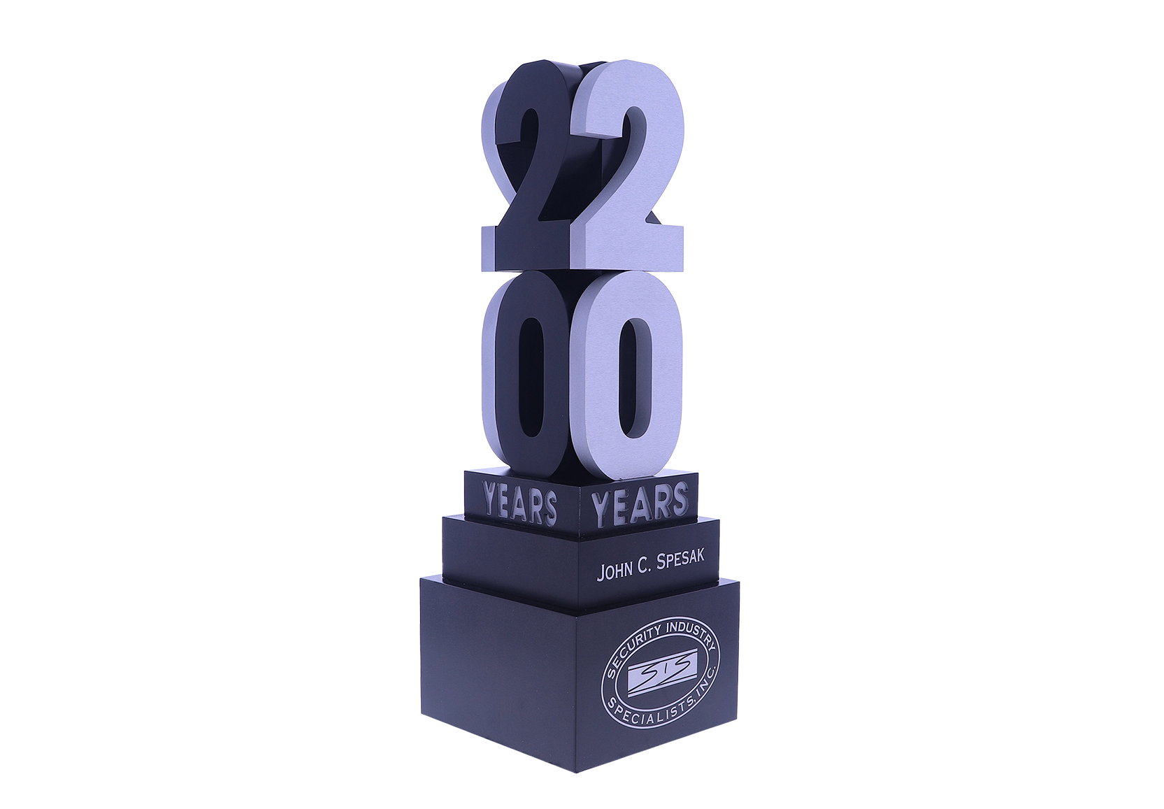 20 year award, 20 stacked on top of a black tiered base
